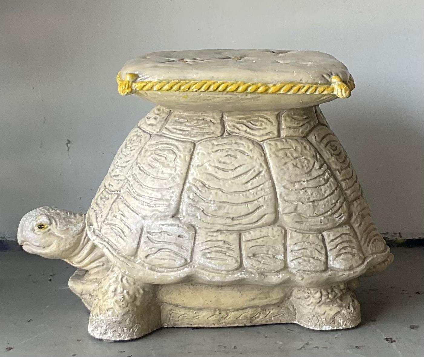 A fabulous vintage Coastal low stool. A charming little turtle with a matte ceramic finish. Hand painted detail. Acquired from a Palm Beach estate.