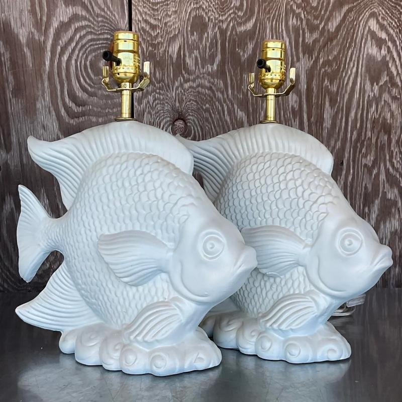 Vintage Coastal Matte Fish Lamps - a Pair In Good Condition In west palm beach, FL
