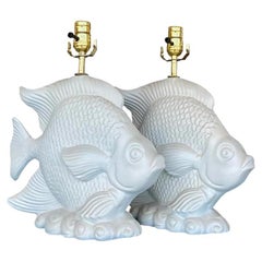 Vintage Coastal Matte Fish Lamps - a Pair
