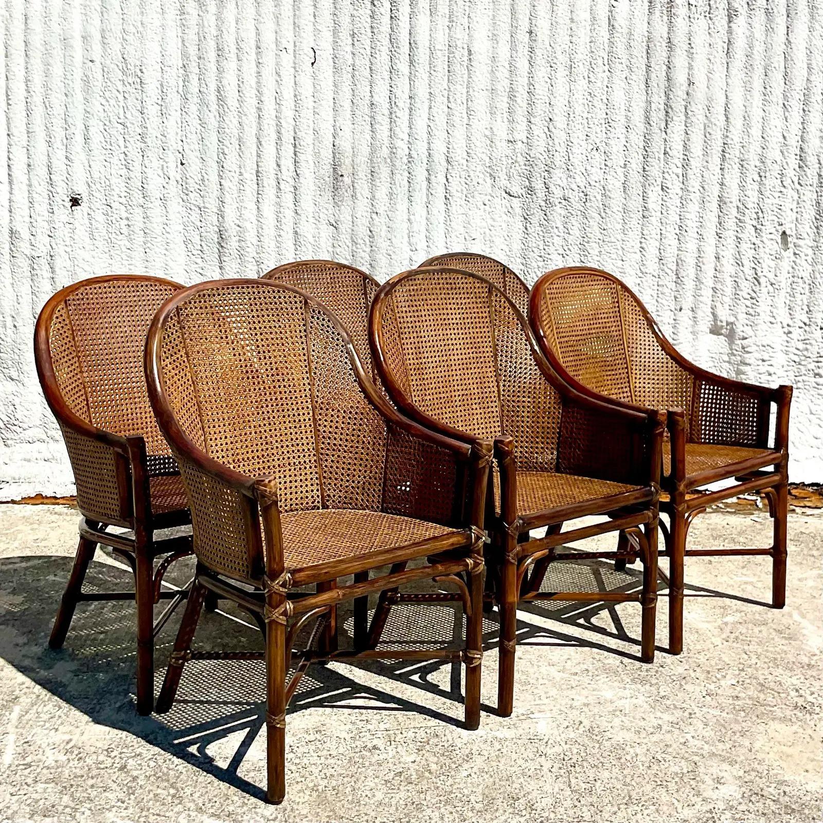 Philippine Vintage Coastal McGuire Belden Cane Dining Chairs, Set of Six