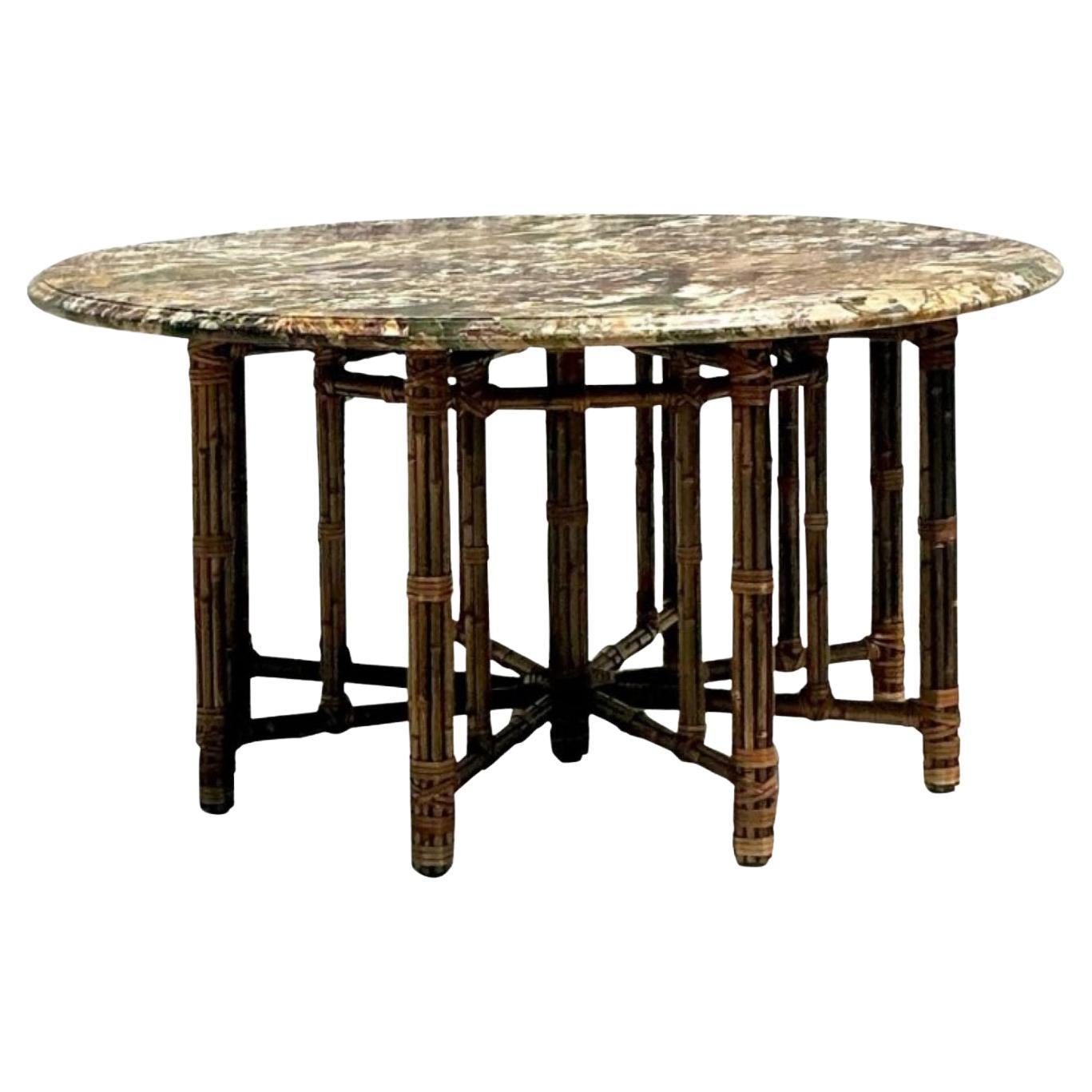 Vintage Coastal McGuire Bundled Bamboo Center Hall Table With Specimen Stone Top