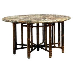Vintage Coastal McGuire Bundled Bamboo Center Hall Table With Specimen Stone Top
