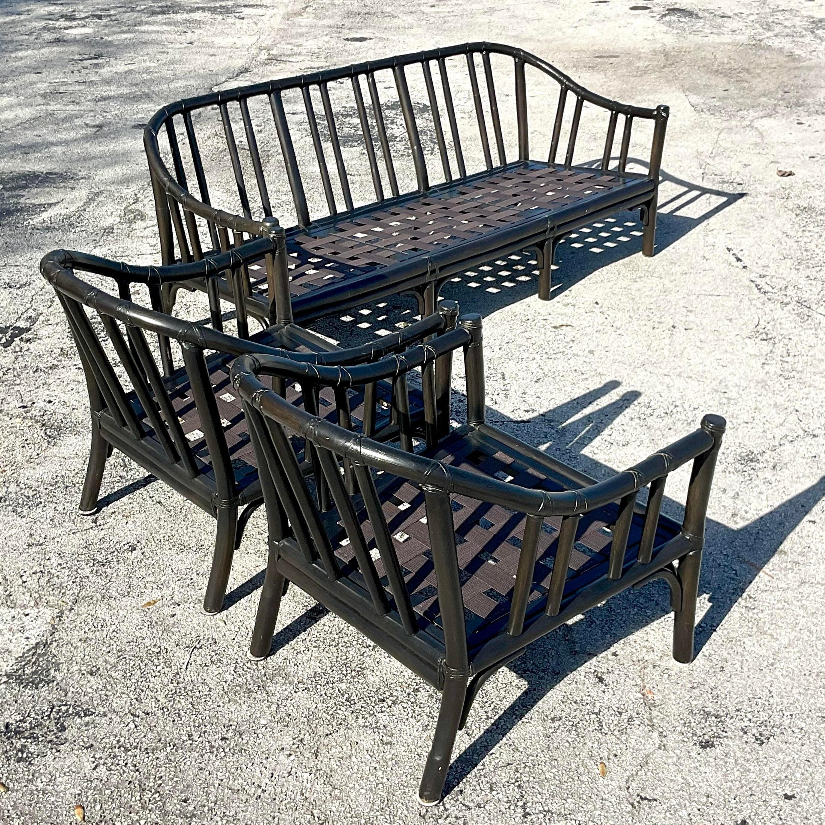 Philippine Vintage Coastal McGuire C-1 Sofa and Chairs Set of Three For Sale