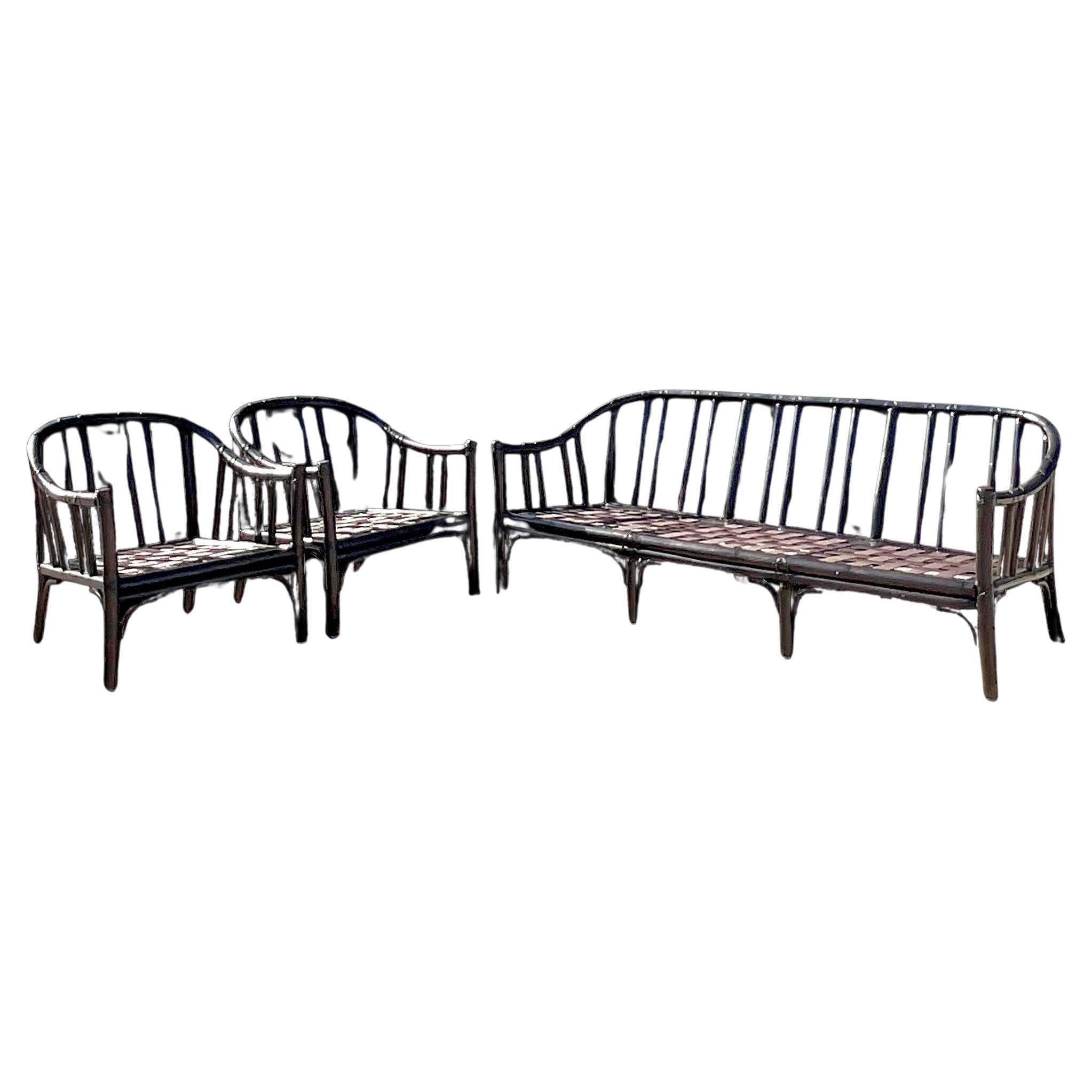 Vintage Coastal McGuire C-1 Sofa and Chairs Set of Three For Sale