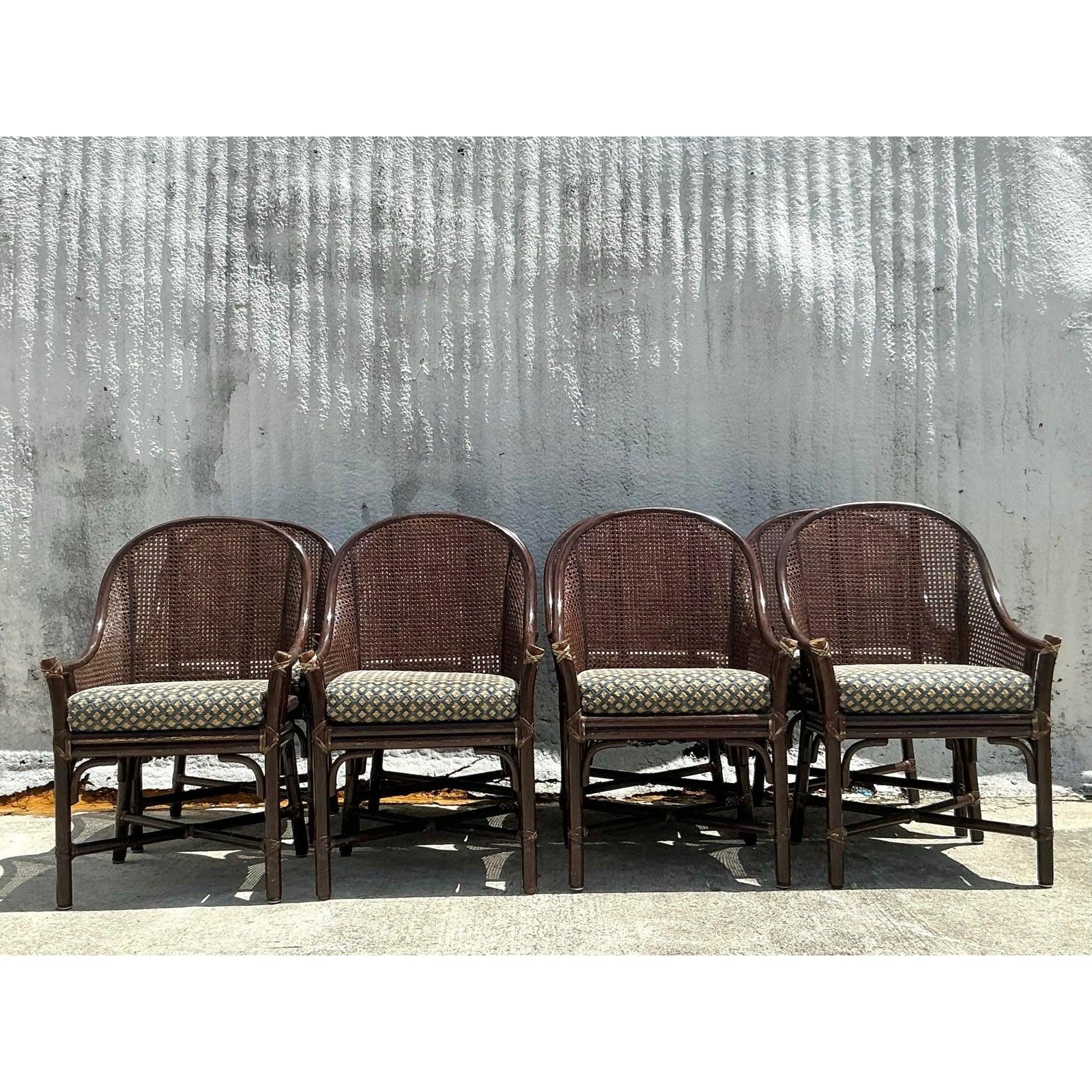 XX secolo Sedie da pranzo vintage Coastal McGuire con schienale a canne Beldens - set di 8 in vendita