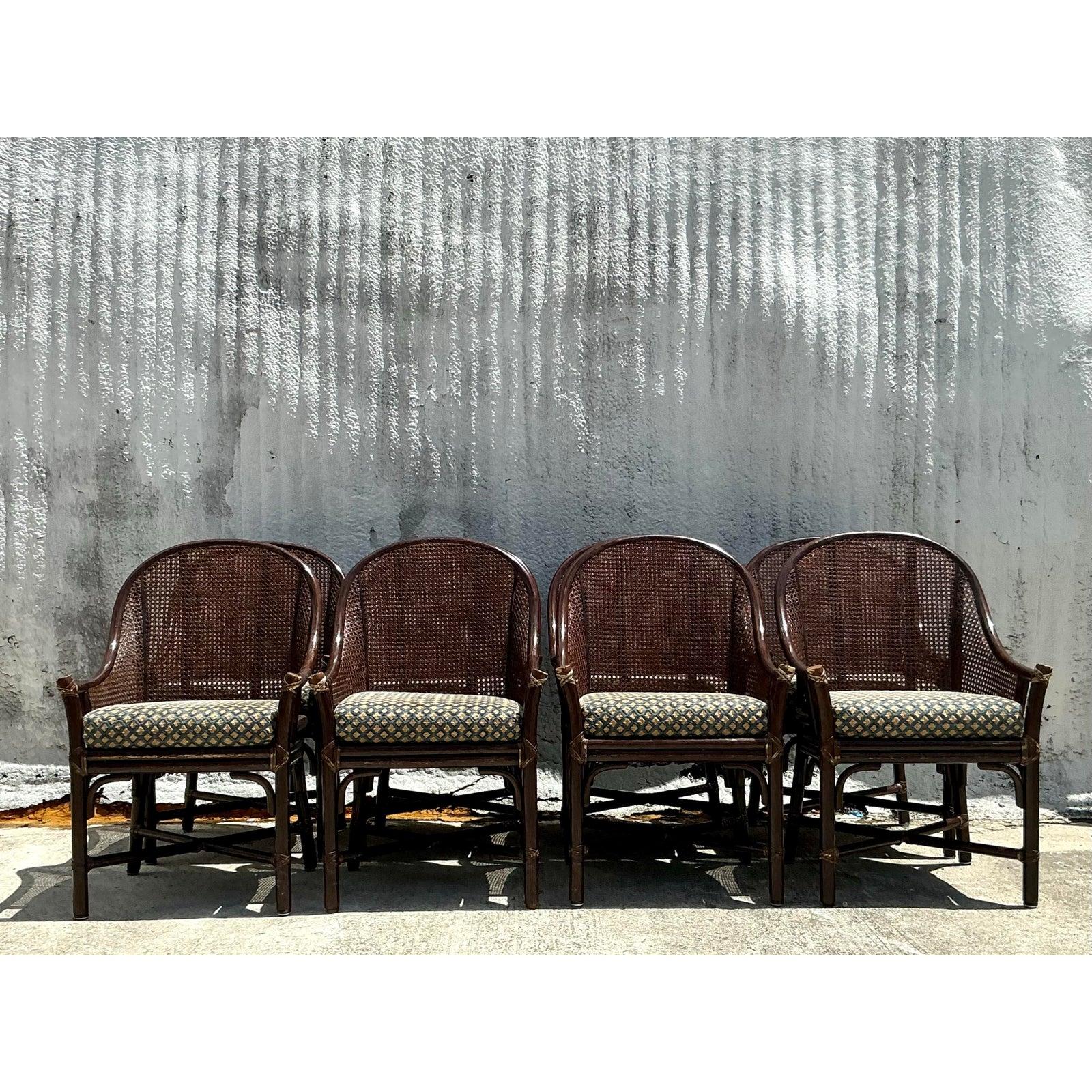 Tessuto Sedie da pranzo vintage Coastal McGuire con schienale a canne Beldens - set di 8 in vendita