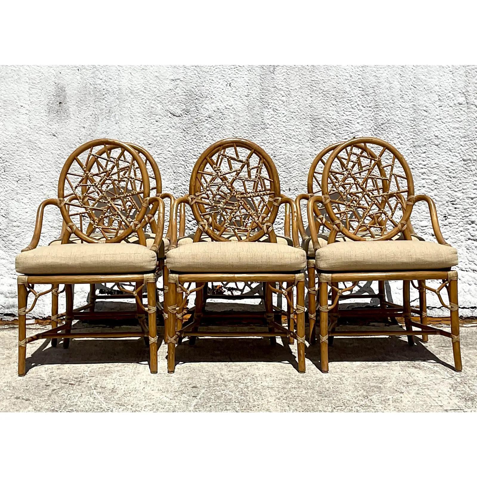 Philippine Vintage Coastal McGuire “Cracked Ice” Rattan Dining Chairs - Set of 6
