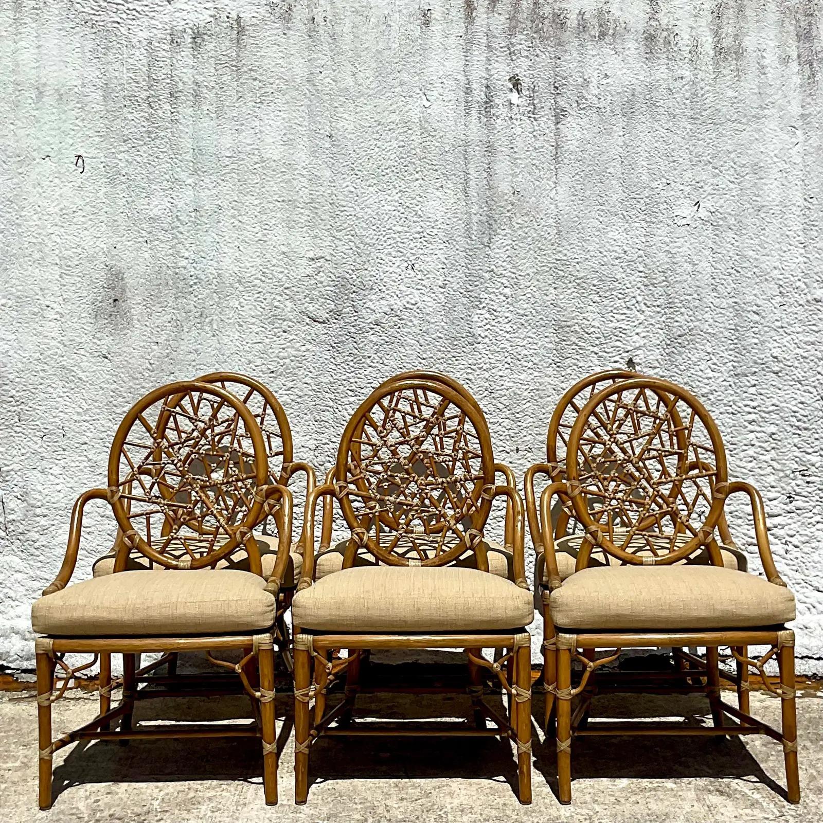 Vintage Coastal McGuire “Cracked Ice” Rattan Dining Chairs - Set of 6 In Good Condition In west palm beach, FL