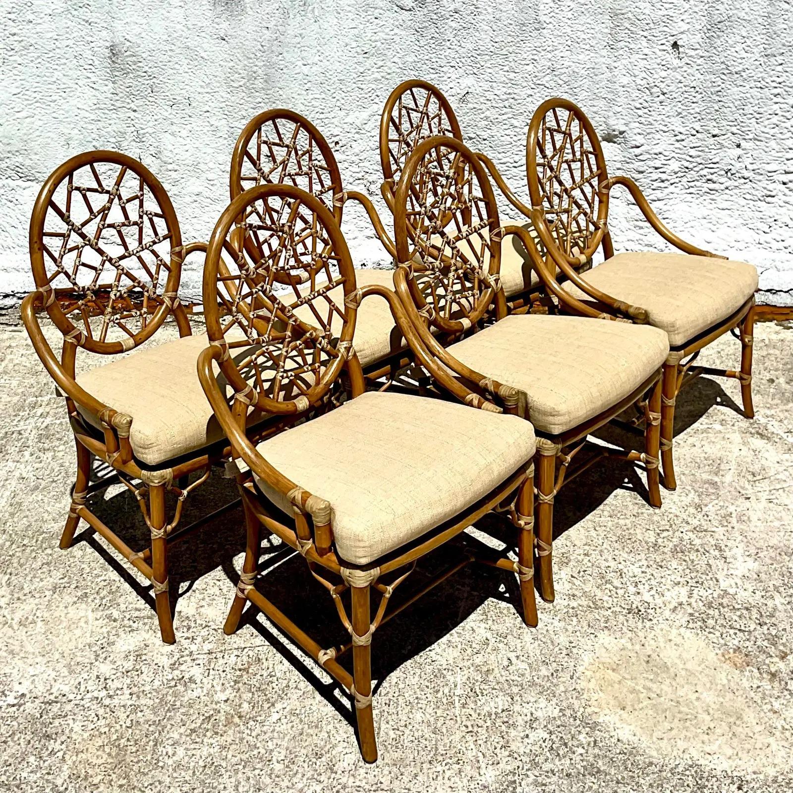 Vintage Coastal McGuire “Cracked Ice” Rattan Dining Chairs - Set of 6 2
