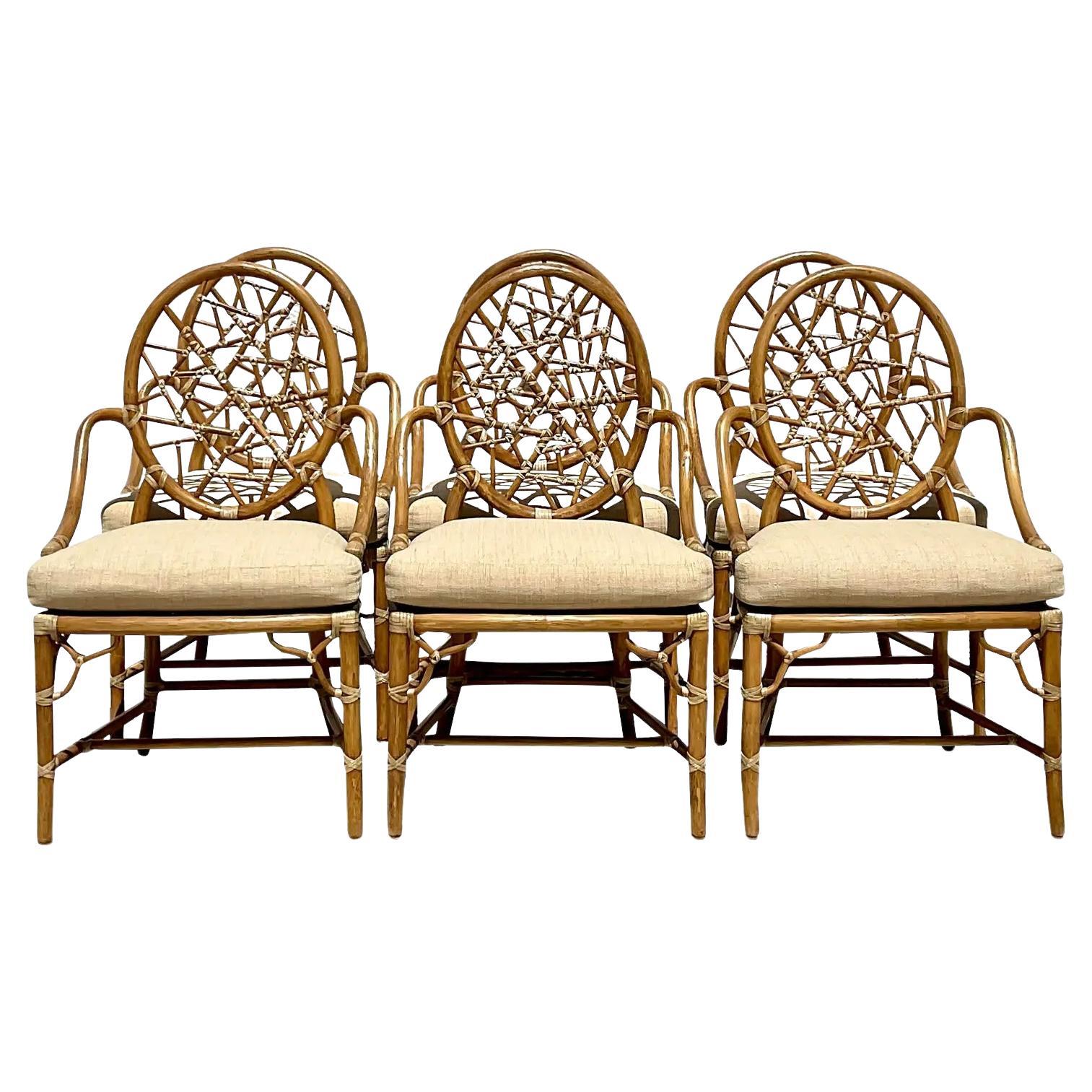 Vintage Coastal McGuire “Cracked Ice” Rattan Dining Chairs - Set of 6