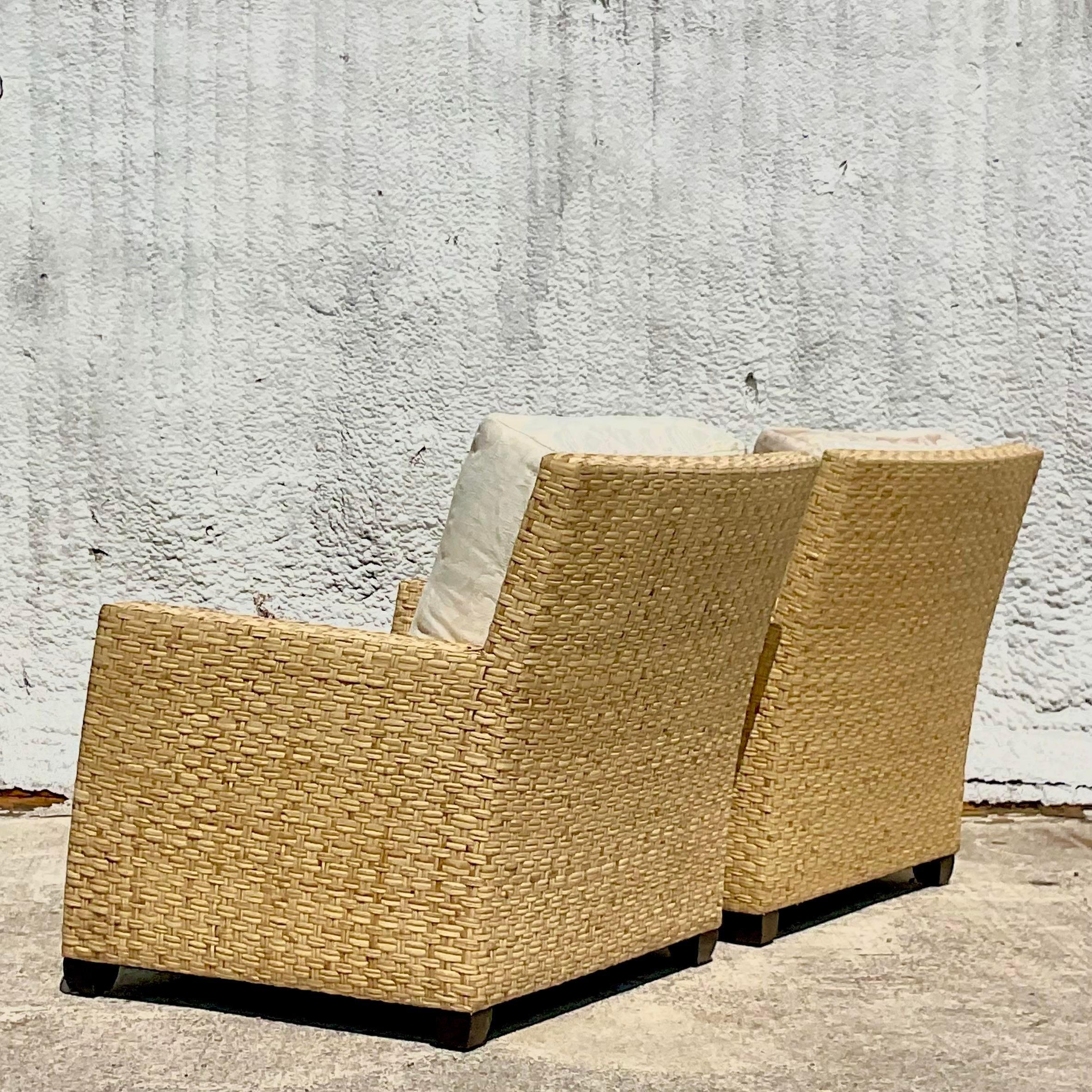 Vintage Coastal McGuire Limited Edition Wide Ribbon Rattan Lounge Chairs-a Pair In Good Condition In west palm beach, FL