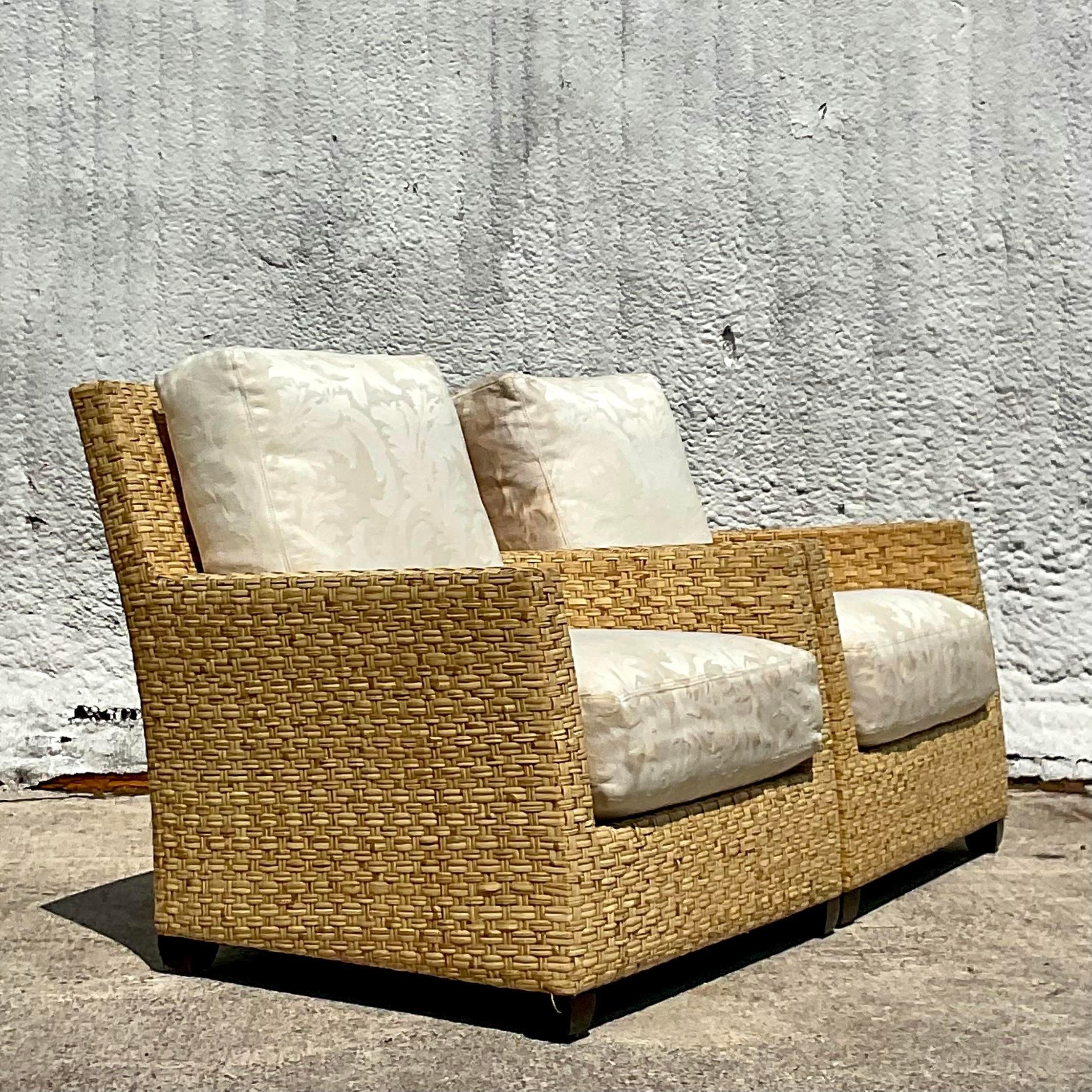 20th Century Vintage Coastal McGuire Limited Edition Wide Ribbon Rattan Lounge Chairs-a Pair