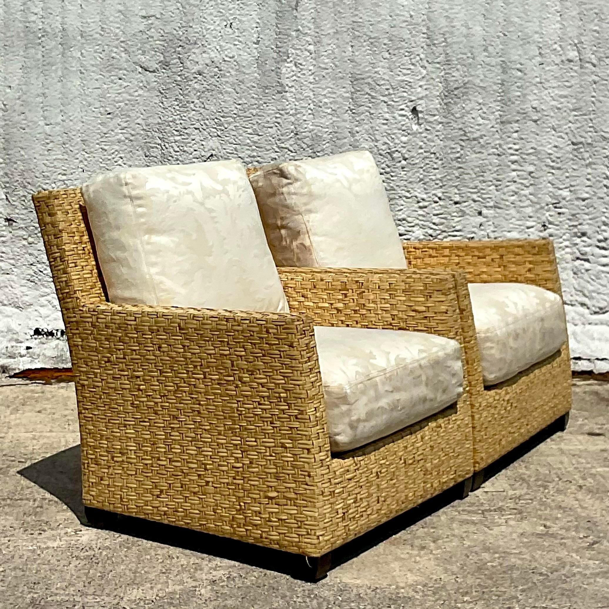Mahogany Vintage Coastal McGuire Limited Edition Wide Ribbon Rattan Lounge Chairs-a Pair