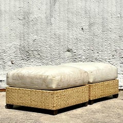 Vintage Coastal McGuire Limited Edition Wide Ribbon Rattan Ottomans - a Pair