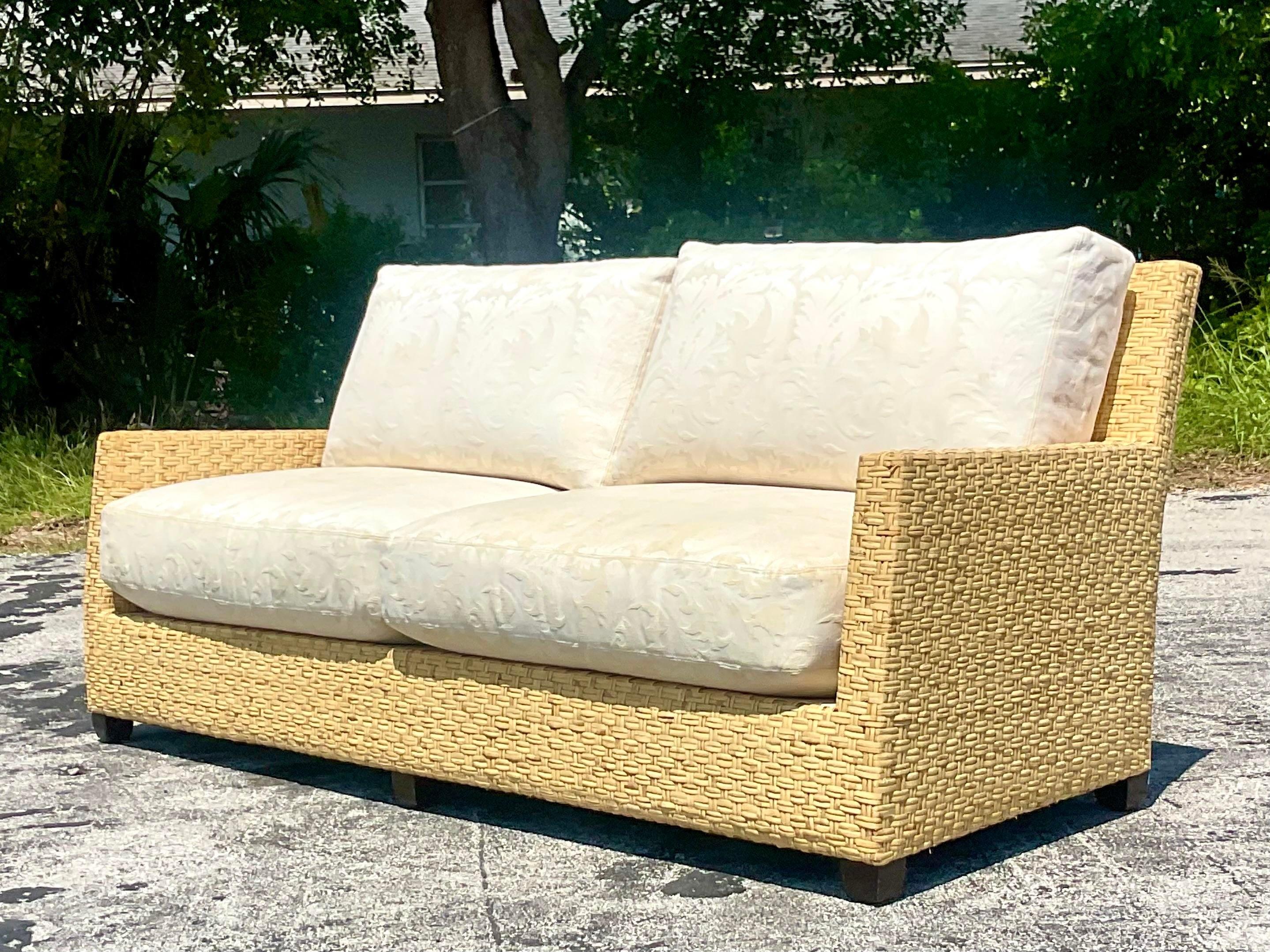 Vintage Coastal McGuire Limited Edition Wide Ribbon Rattan Sofa In Good Condition In west palm beach, FL
