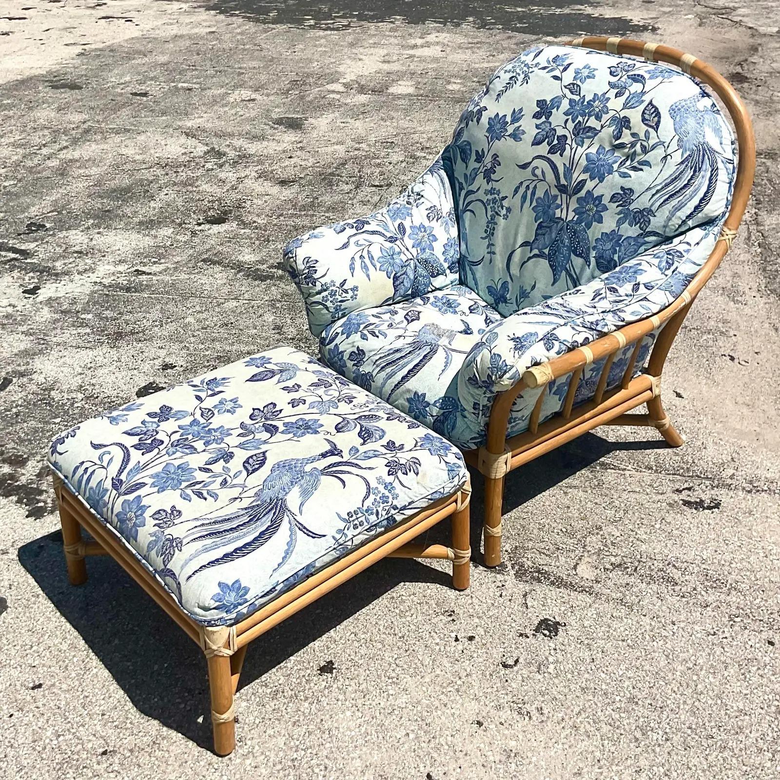 Philippine Vintage Coastal McGuire Lounge Chair and Ottoman