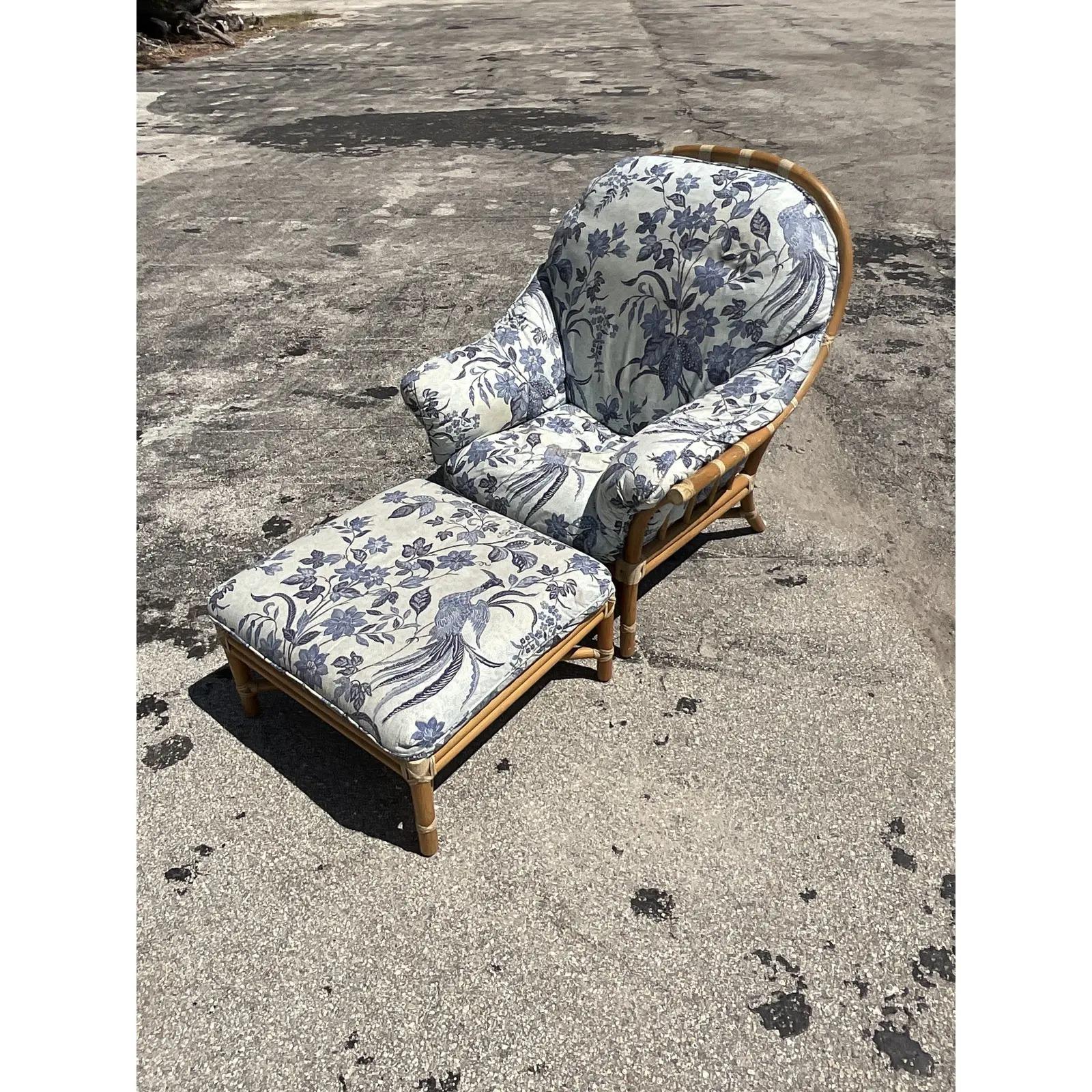 20th Century Vintage Coastal McGuire Lounge Chair and Ottoman