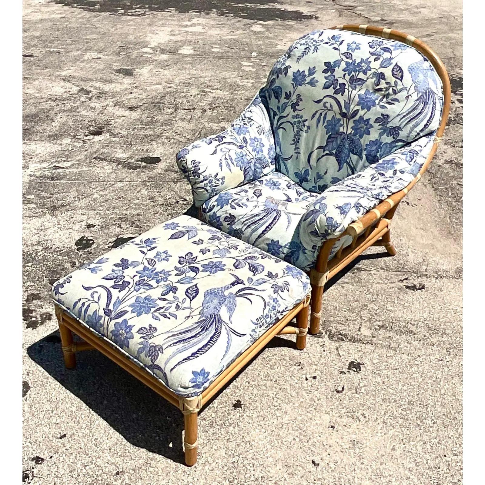Cotton Vintage Coastal McGuire Lounge Chair and Ottoman