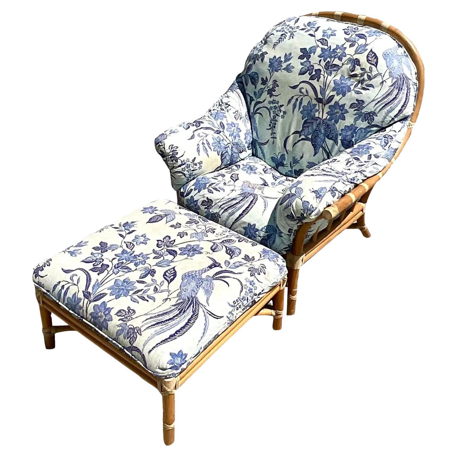 Vintage Coastal McGuire Lounge Chair and Ottoman