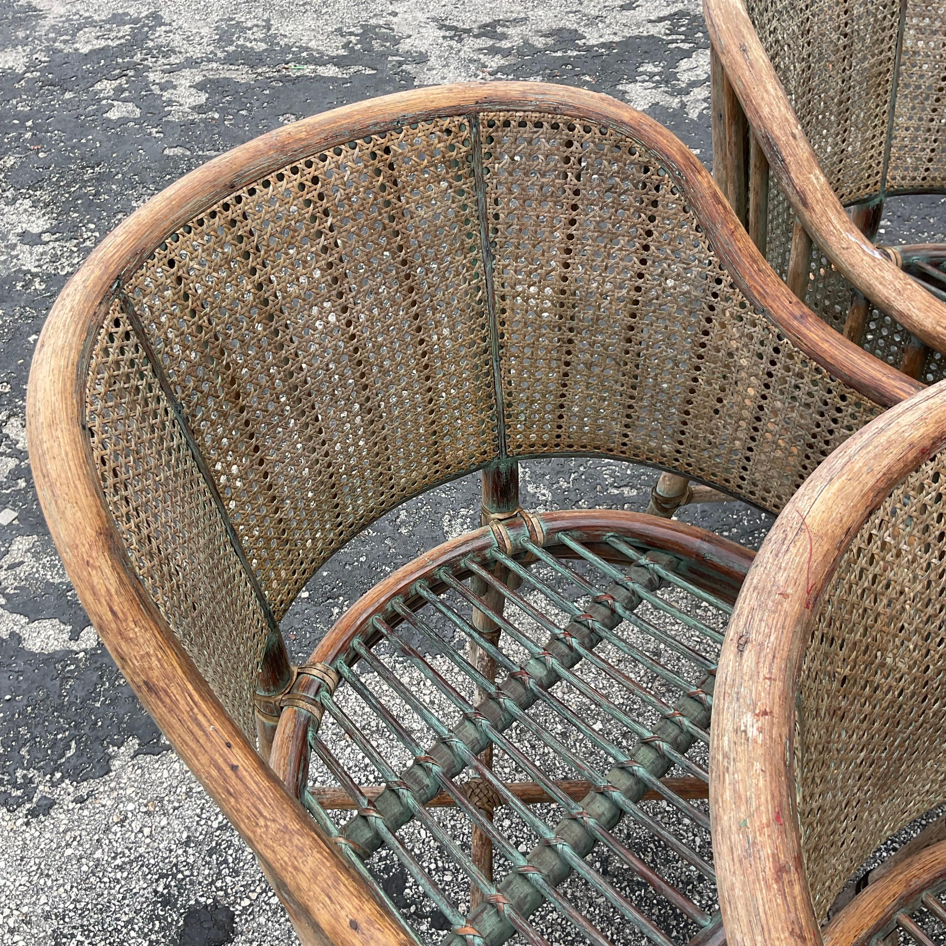 Philippine Vintage Coastal McGuire Patinated Bent Rattan Cane Dining Chairs - Set of 4 For Sale