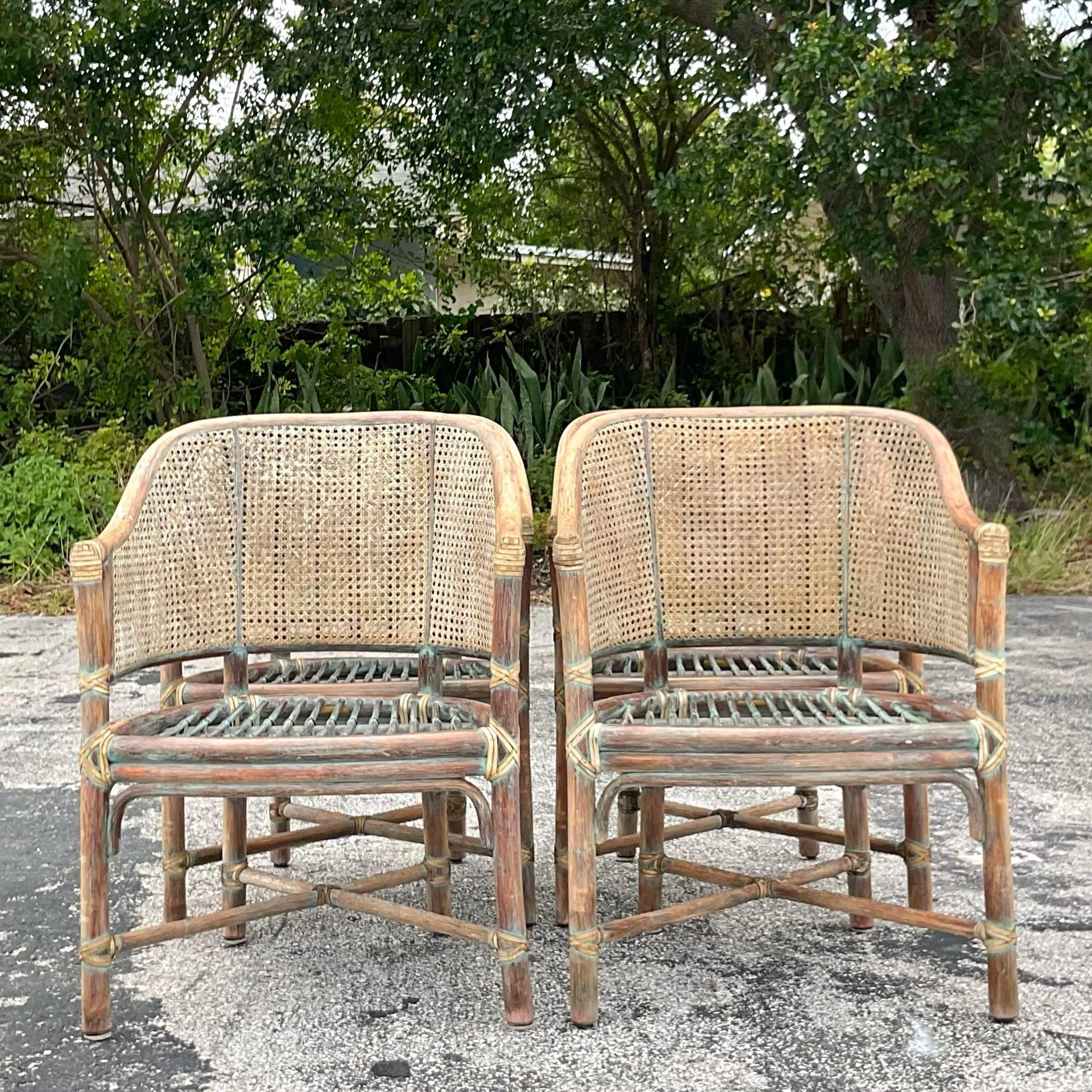Vintage Coastal McGuire Patinated Bent Rattan Cane Dining Chairs - Set of 4 For Sale 3