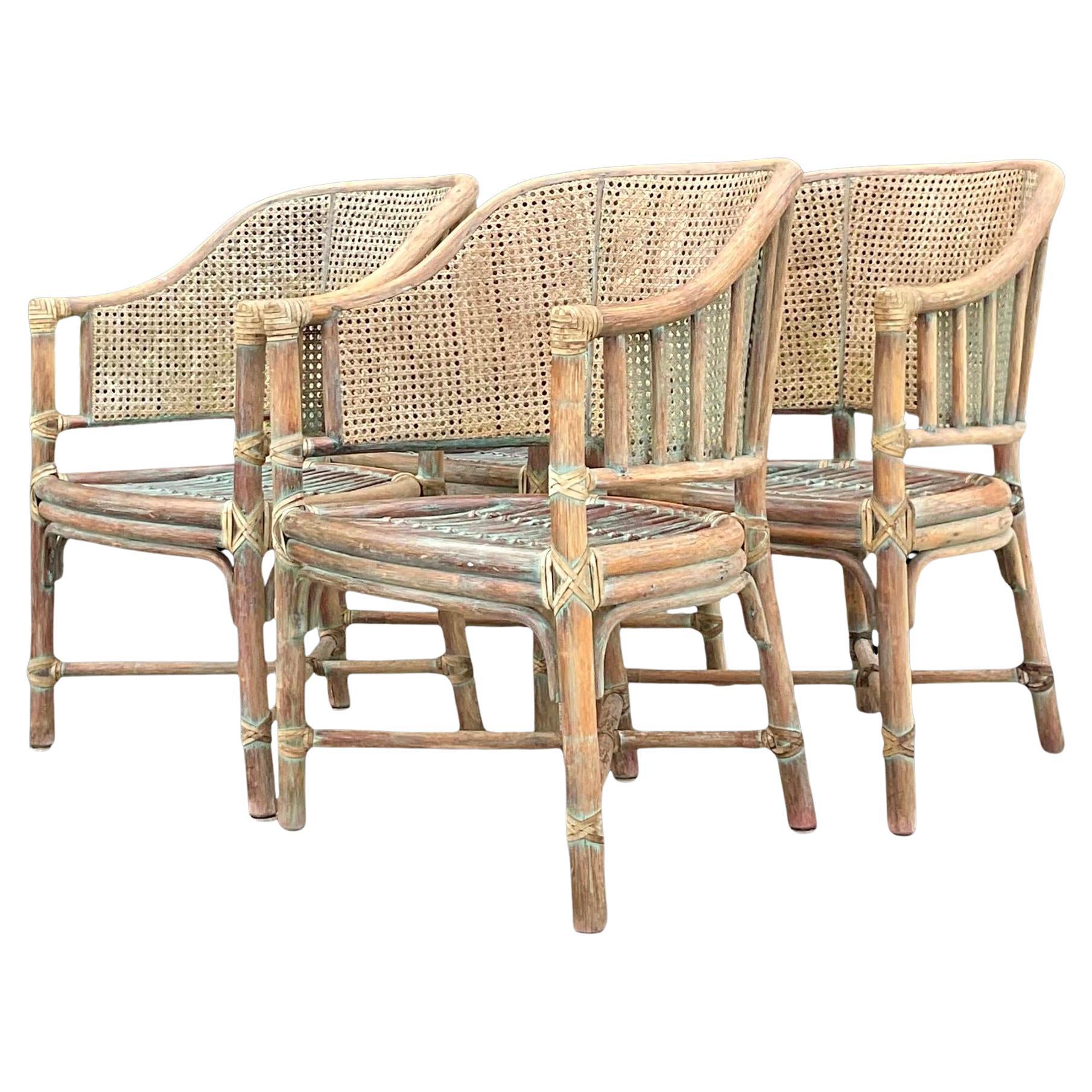 Vintage Coastal McGuire Patinated Bent Rattan Cane Dining Chairs - Set of 4 For Sale
