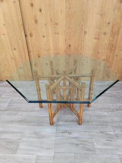Vintage Coastal McGuire Rattan and Bamboo Octagon Glass Top Dining Table