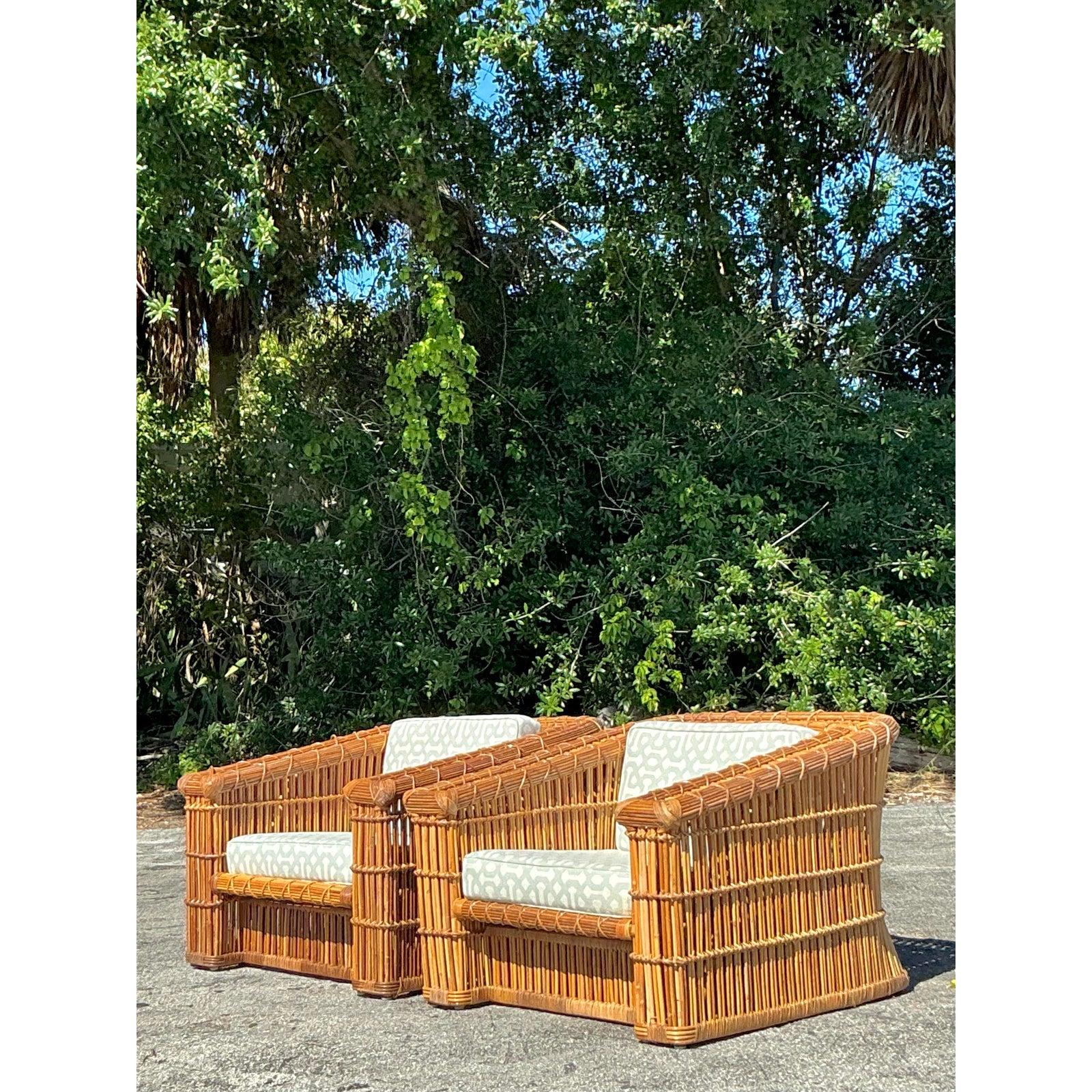 Mid-Century Modern Vintage Coastal McGuire Rattan Club Chairs - A Pair