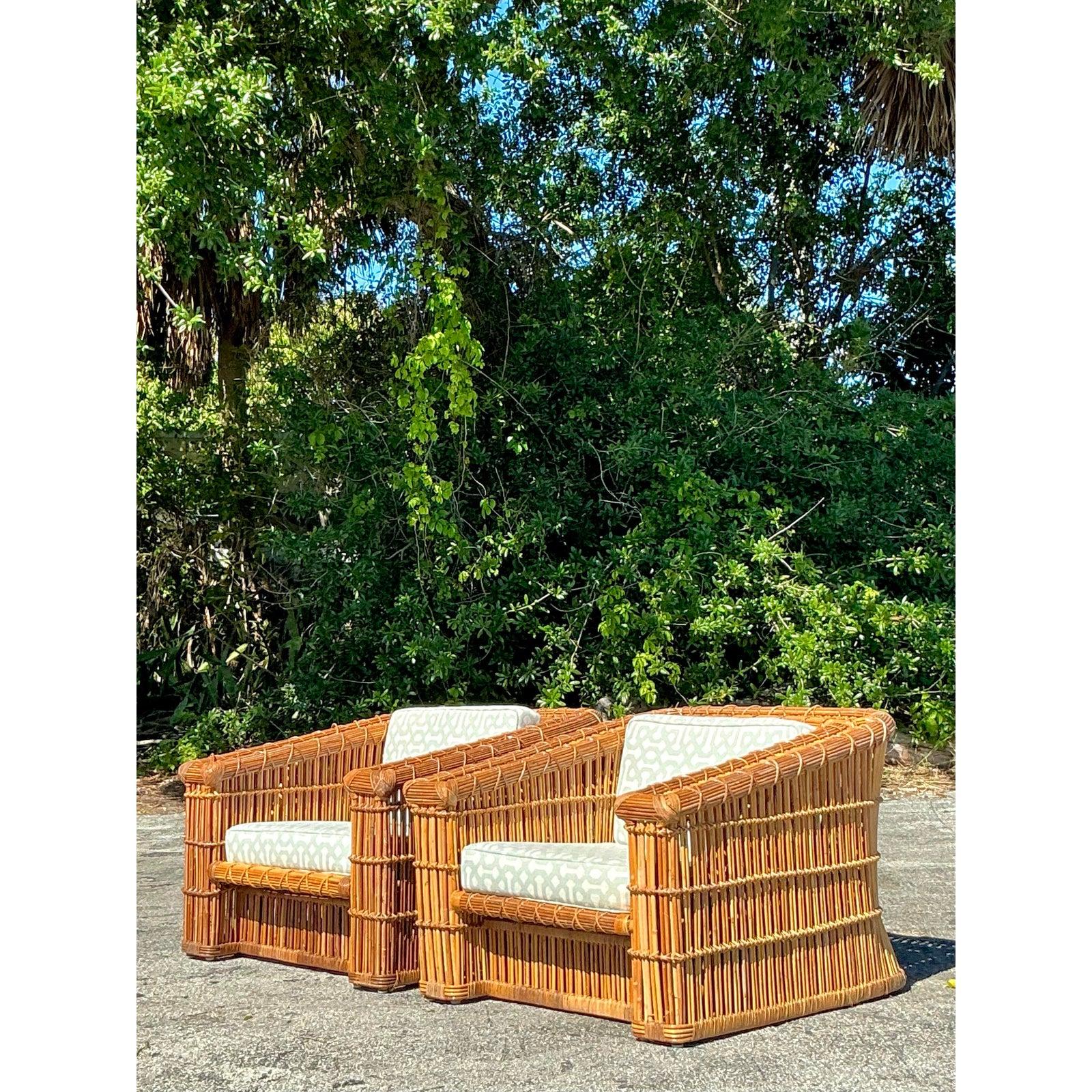 20th Century Vintage Coastal McGuire Rattan Club Chairs - A Pair