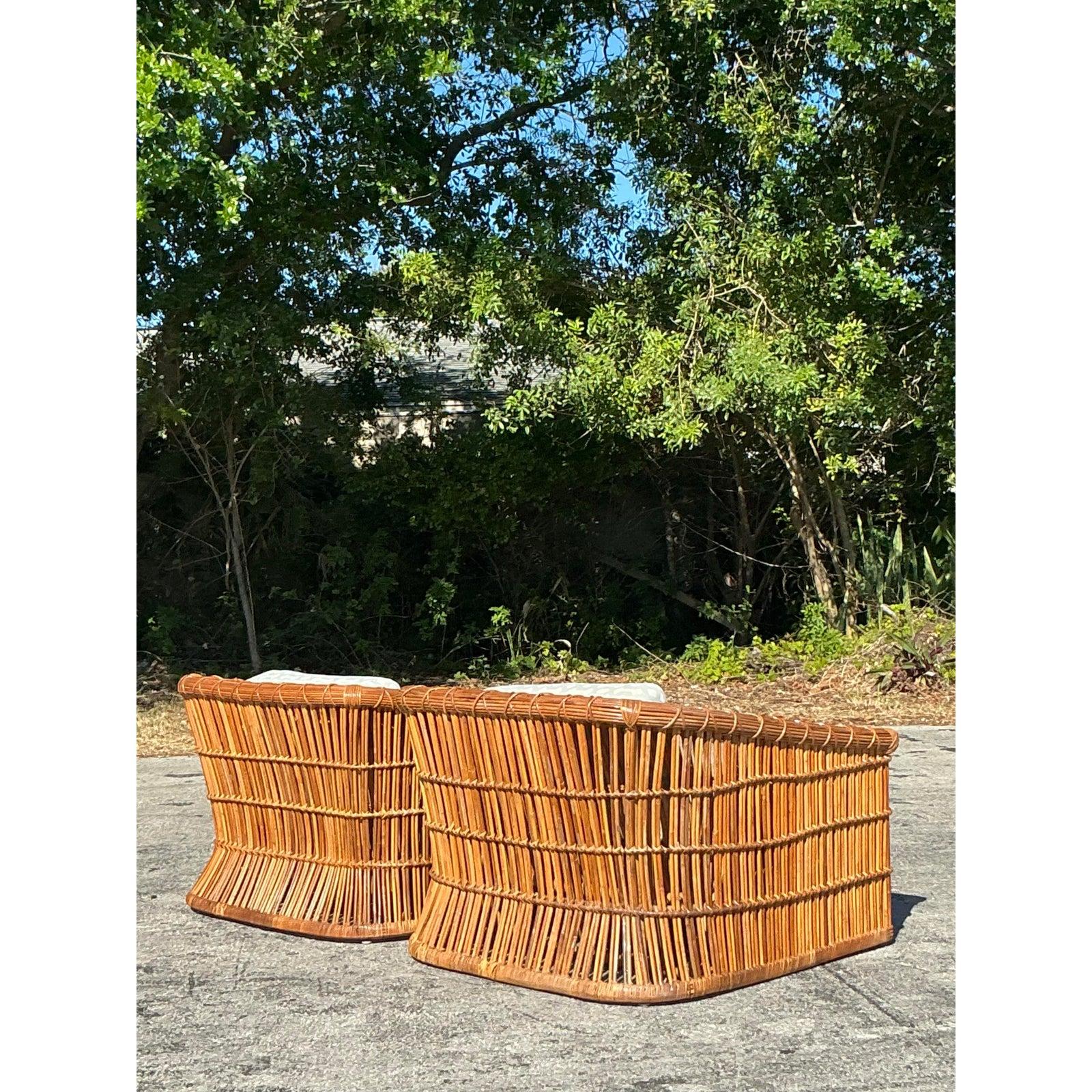 Fabric Vintage Coastal McGuire Rattan Club Chairs - A Pair