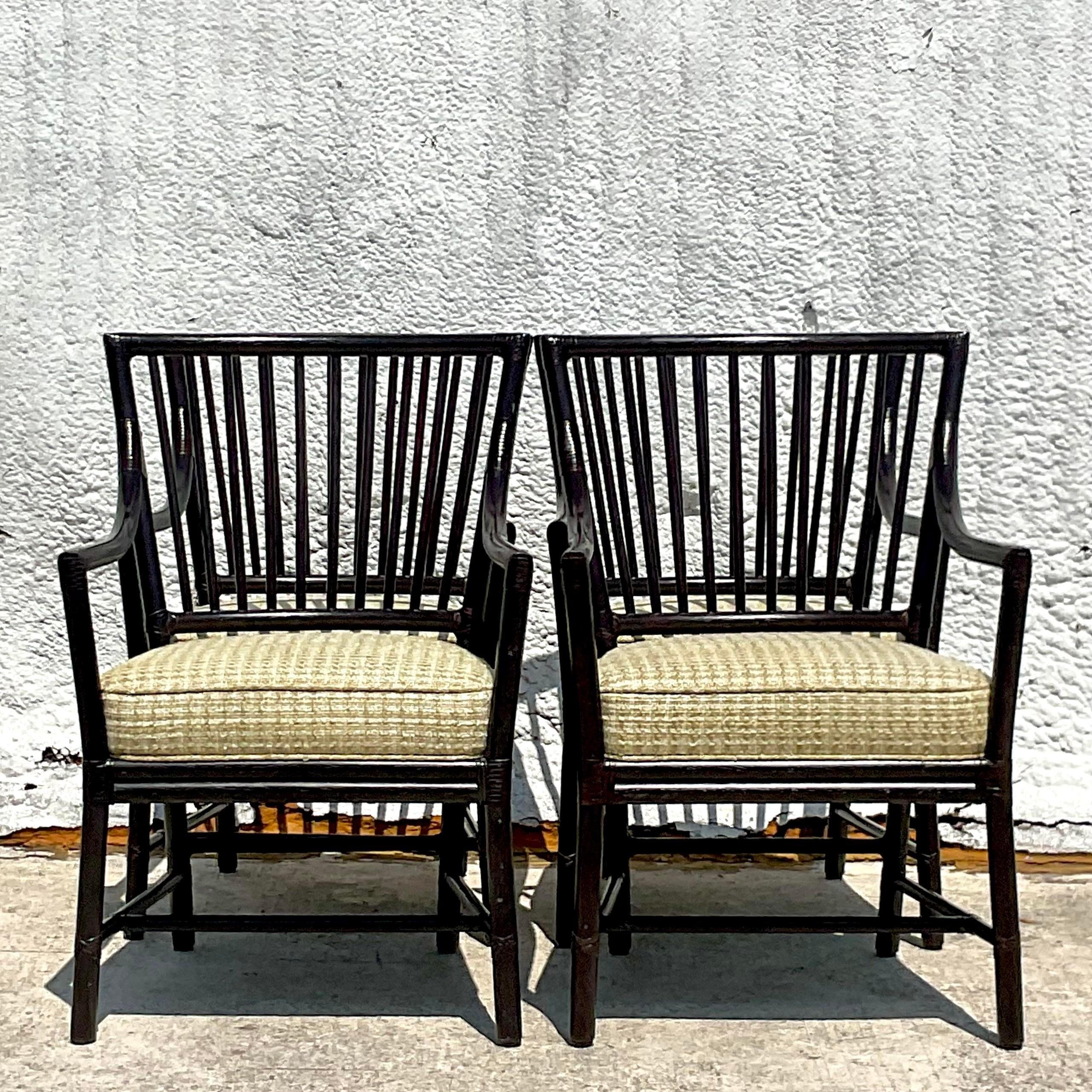 Upholstery Vintage Coastal McGuire Slat Back Arm Chairs - Set of 4 For Sale