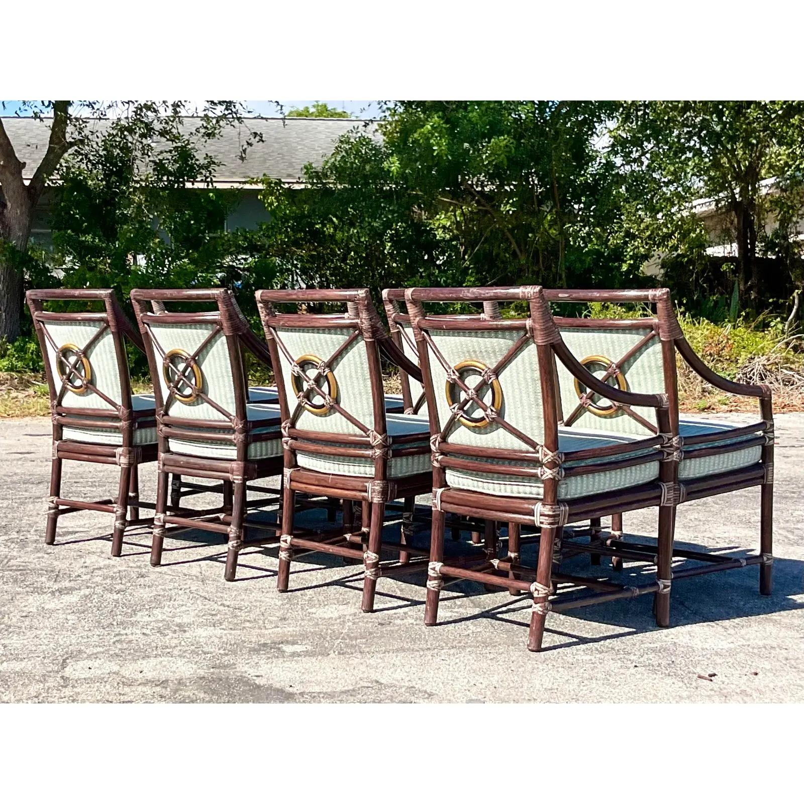 Vintage Coastal McGuire Target Back Dining Chairs, Set of 8 In Good Condition In west palm beach, FL