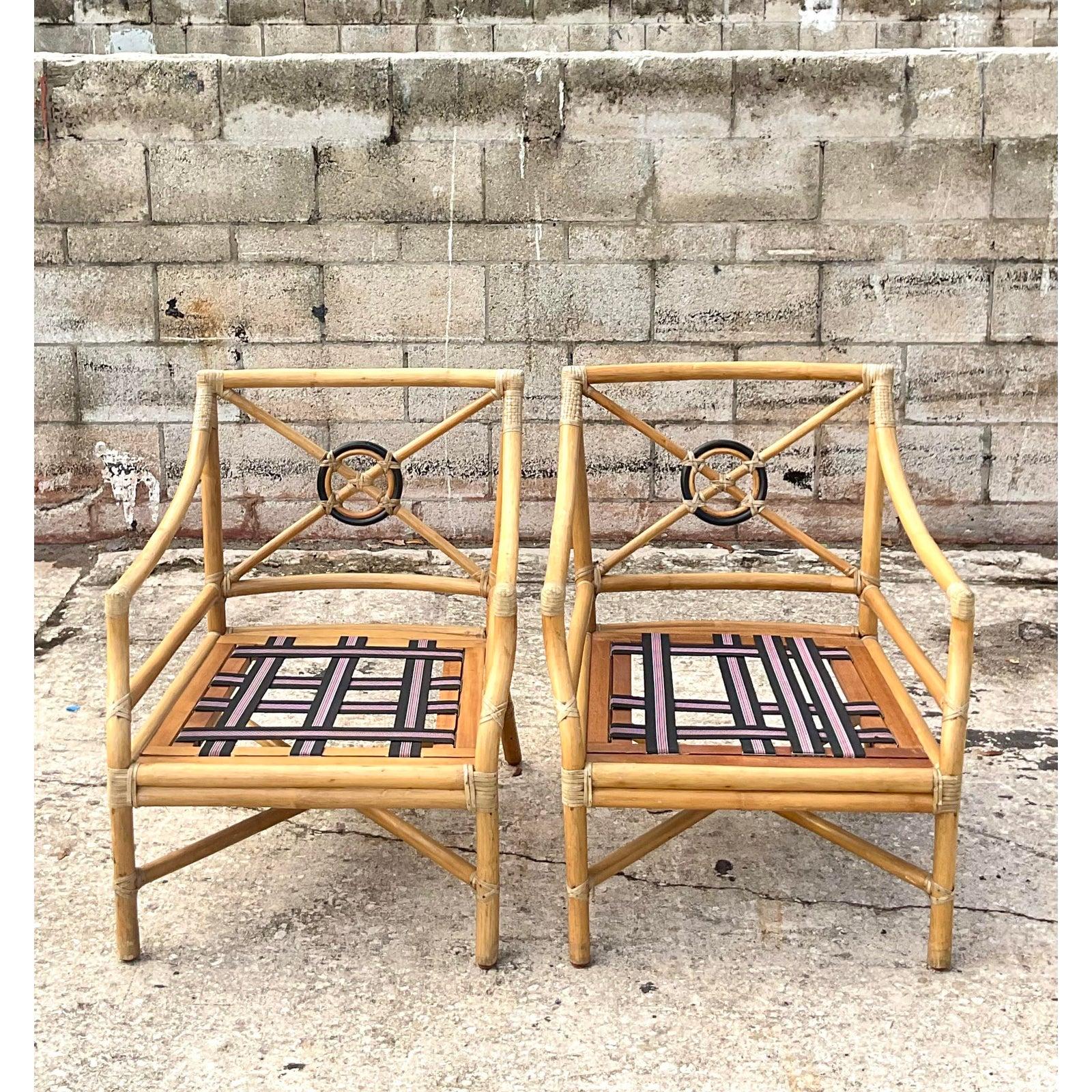 20th Century Vintage Coastal McGuire Target Back Lounge Chairs, a Pair