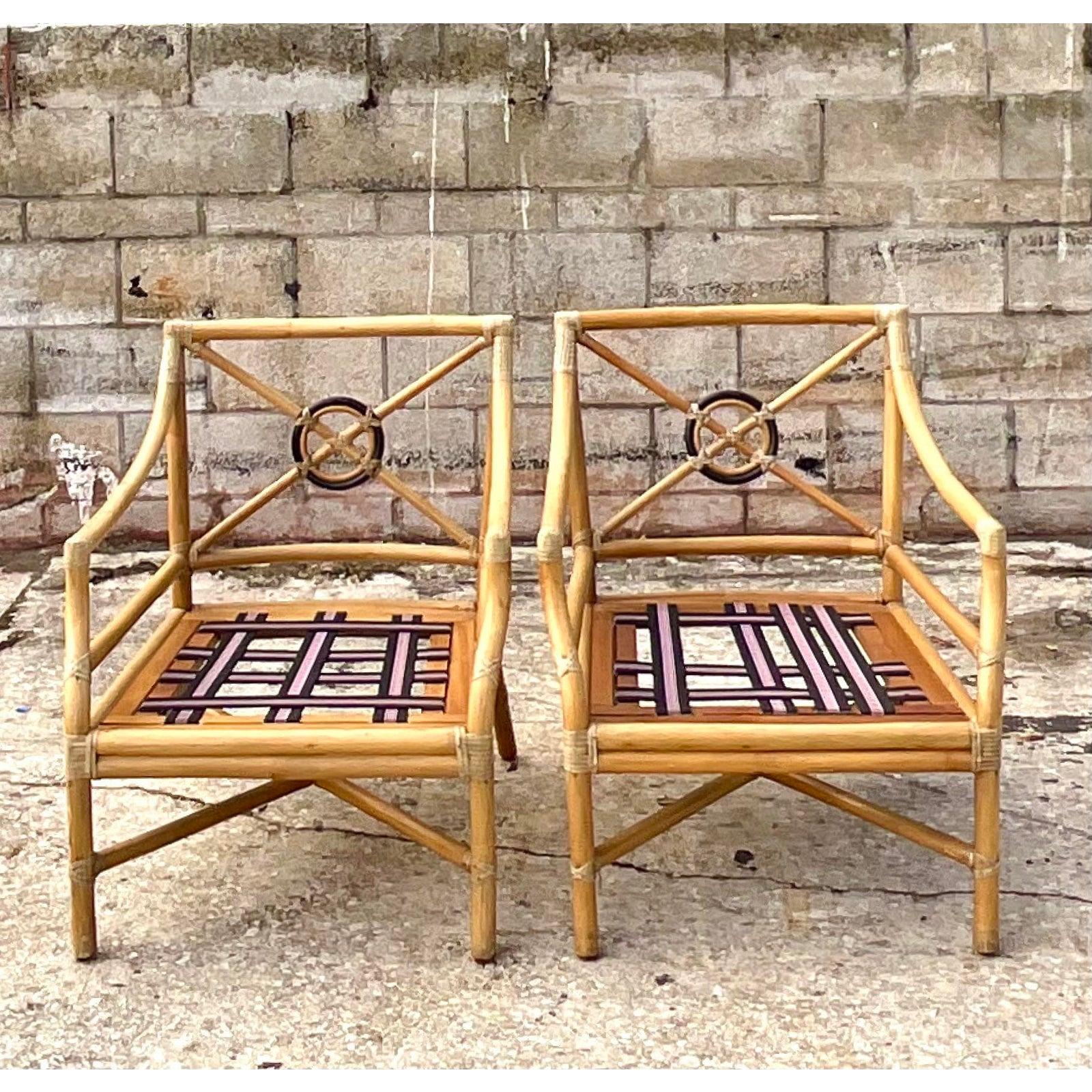 Rattan Vintage Coastal McGuire Target Back Lounge Chairs, a Pair