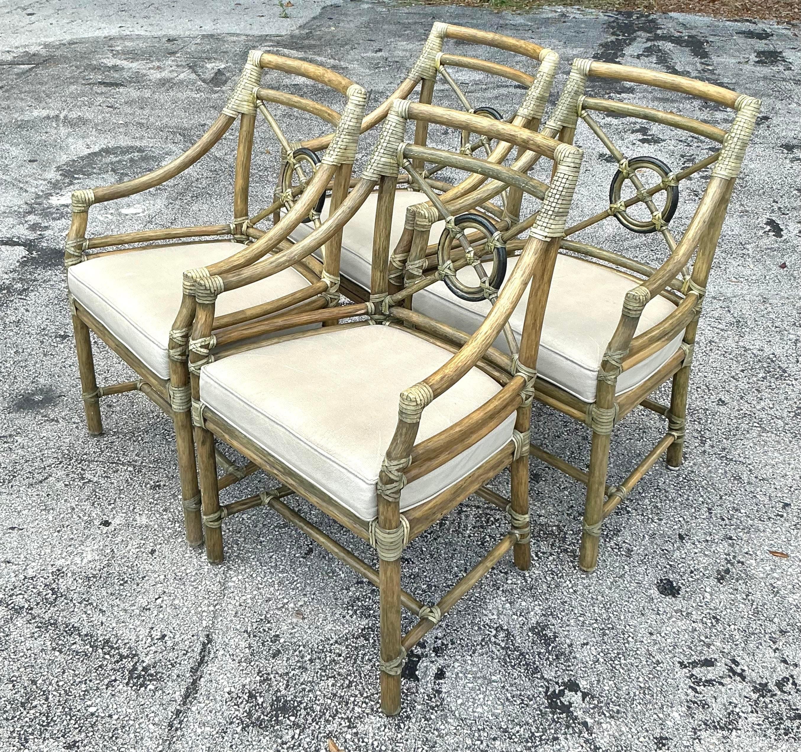 20th Century Vintage Coastal McGuire Target Back Rattan Chairs - Set of 4