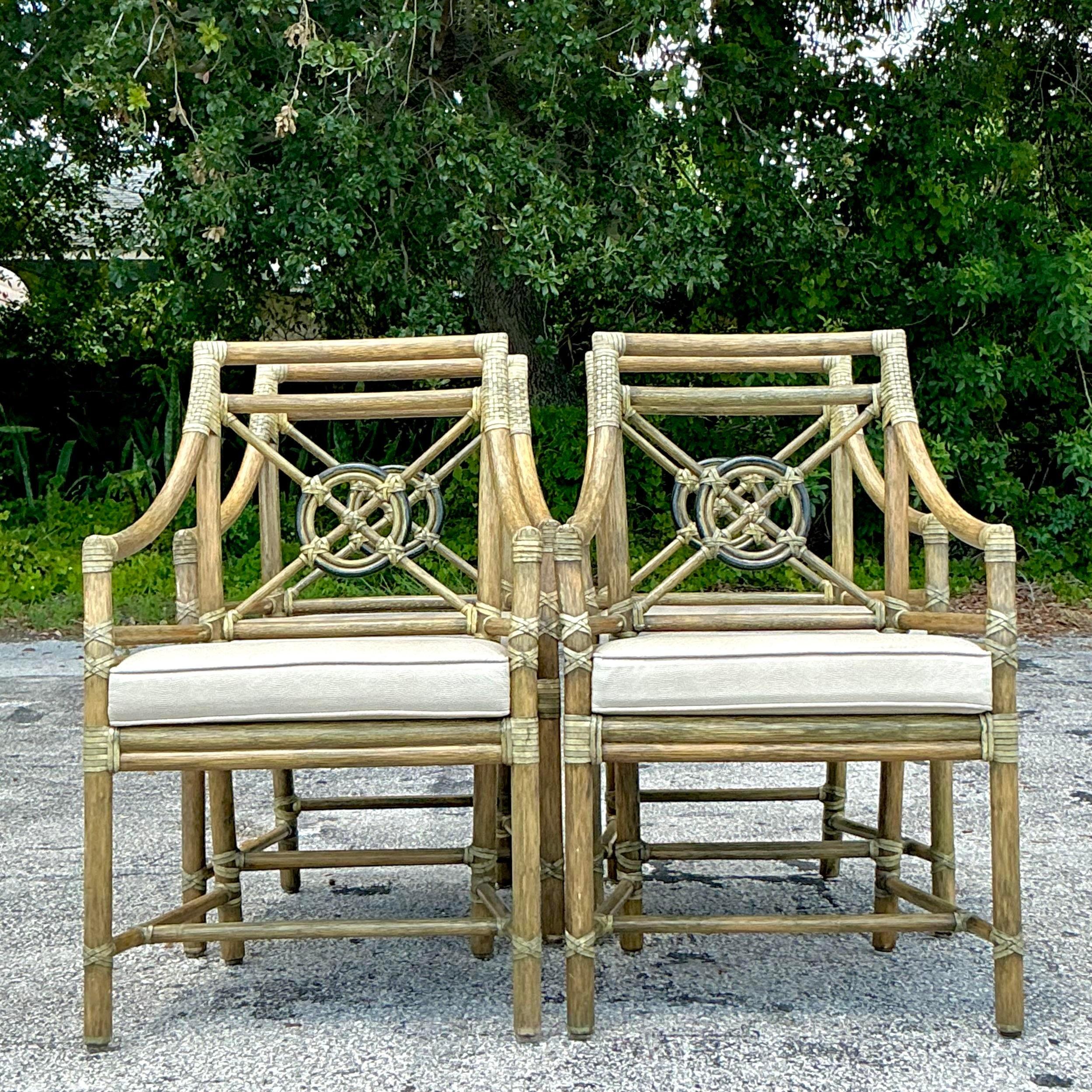 Upholstery Vintage Coastal McGuire Target Back Rattan Chairs - Set of 4