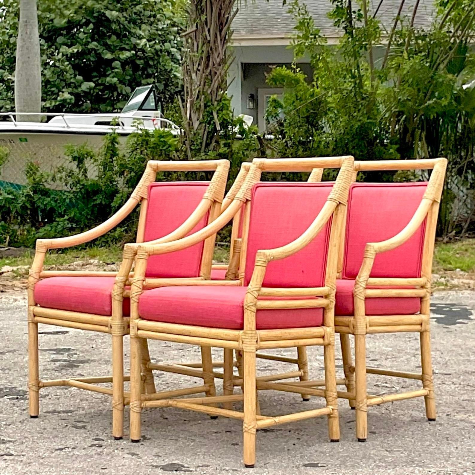 Philippine Vintage Coastal McGuire Target Back Rattan Dining Chairs - Set of 4 For Sale