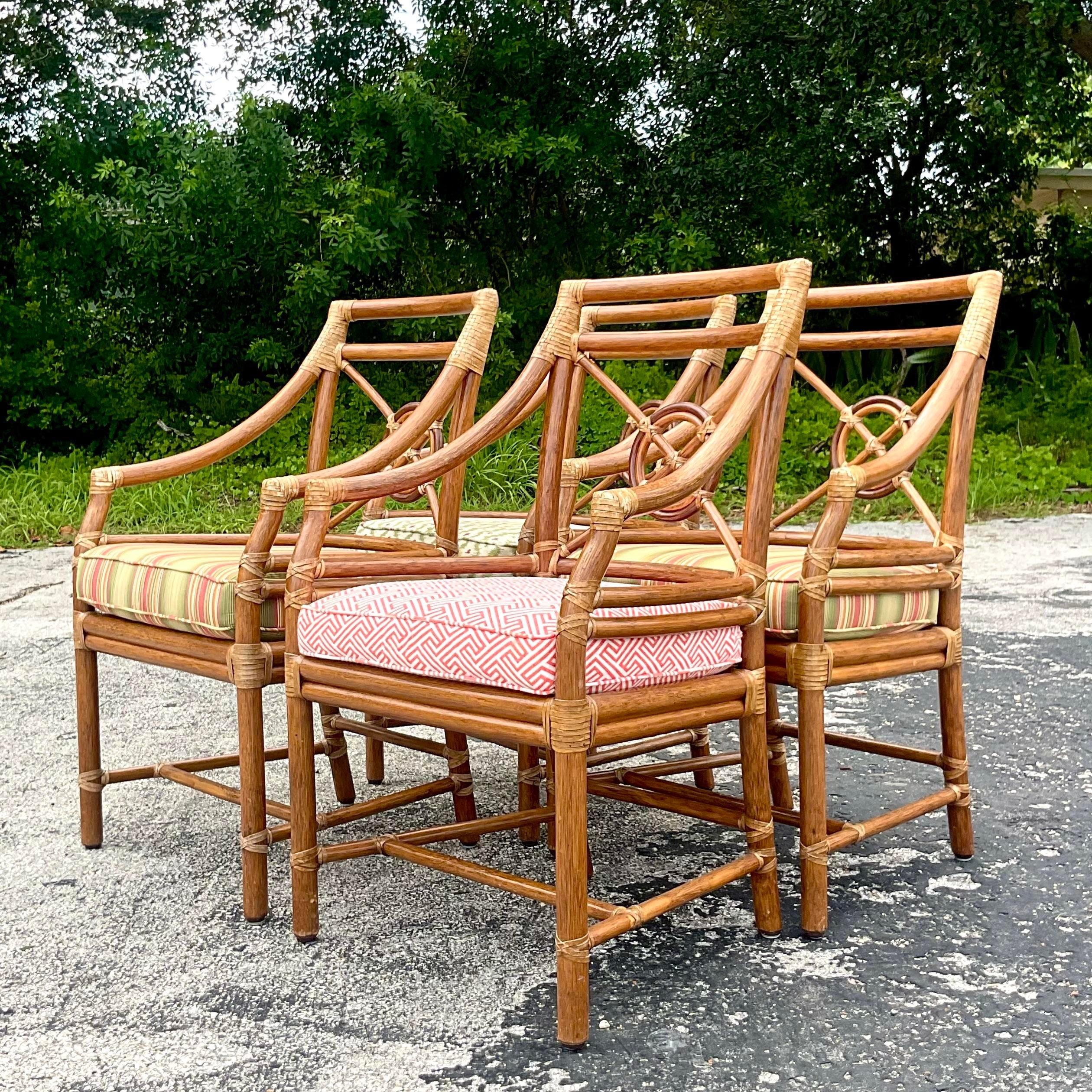 Vintage Coastal McGuire Target Back Rattan Dining Chairs - Set of 4 In Good Condition In west palm beach, FL
