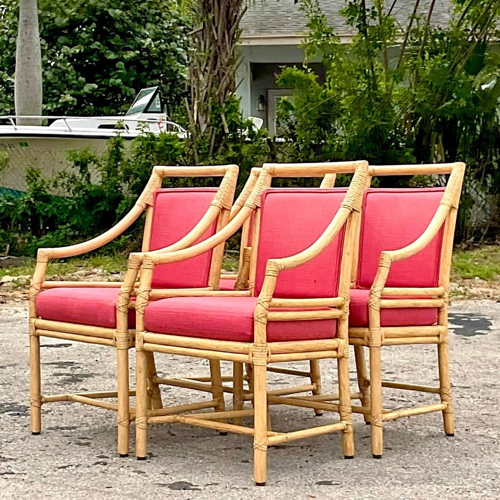 Vintage Coastal McGuire Target Back Rattan Dining Chairs - Set of 4 In Good Condition For Sale In west palm beach, FL