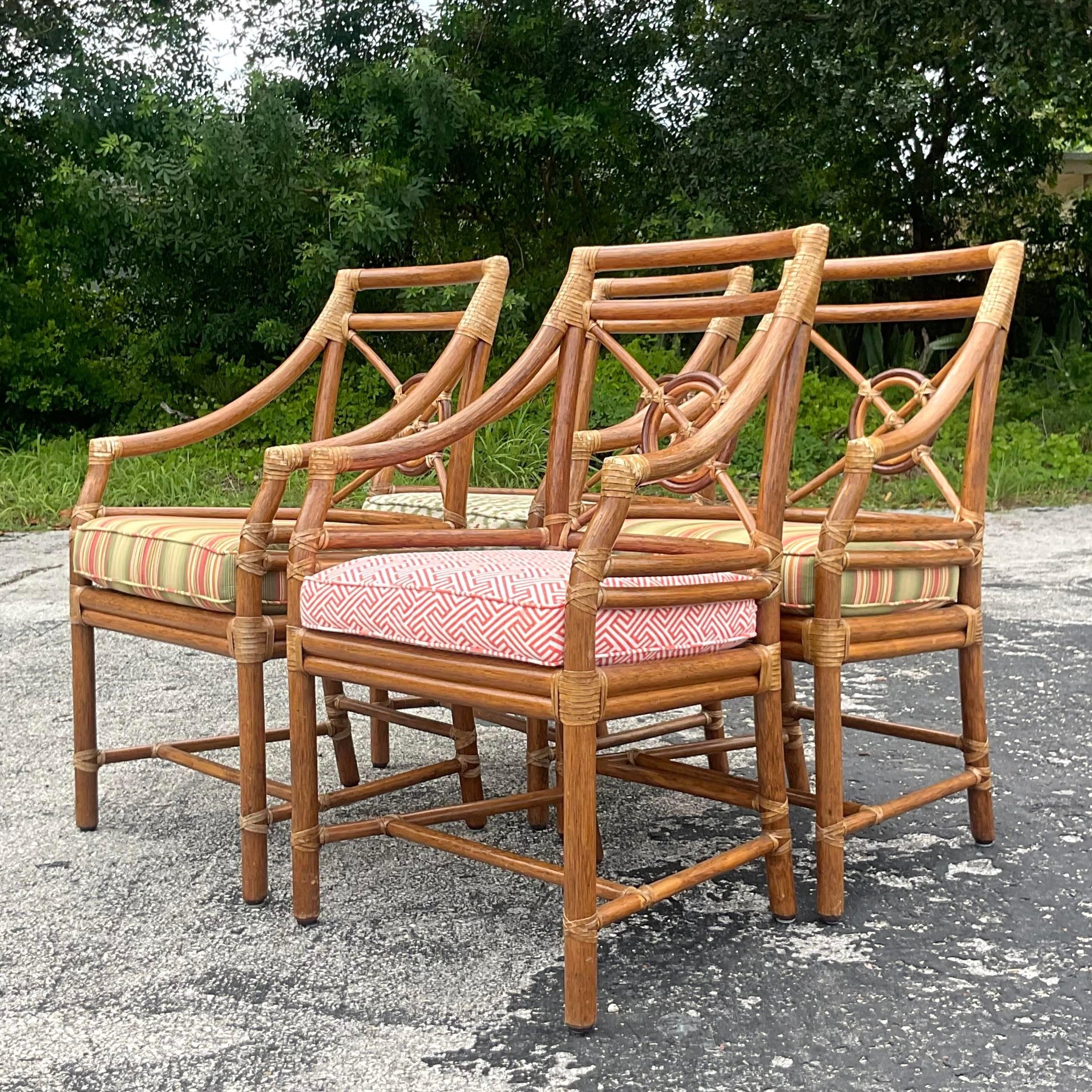 20th Century Vintage Coastal McGuire Target Back Rattan Dining Chairs - Set of 4