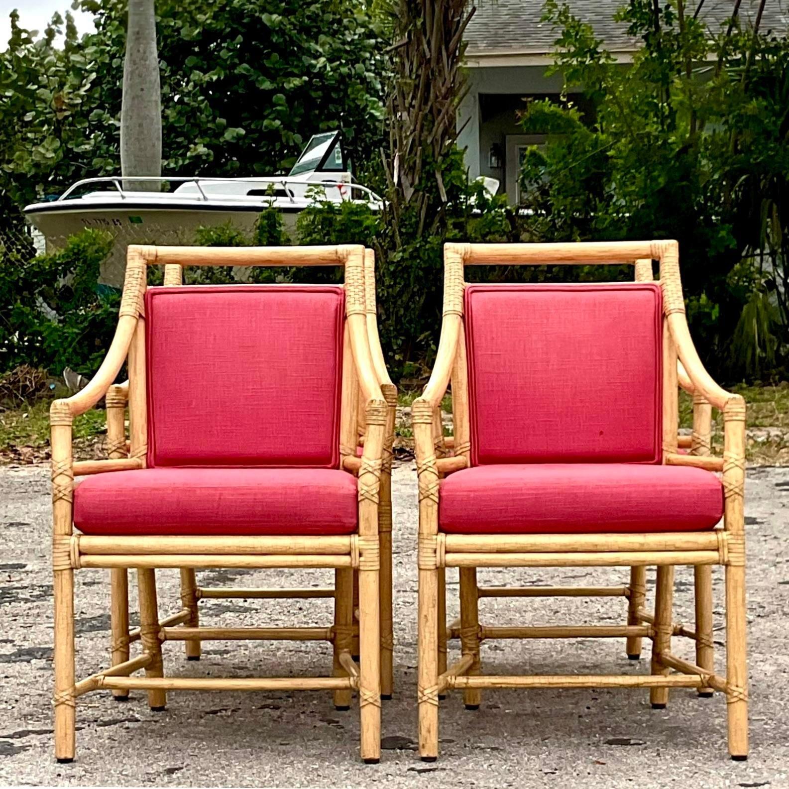 20th Century Vintage Coastal McGuire Target Back Rattan Dining Chairs - Set of 4 For Sale