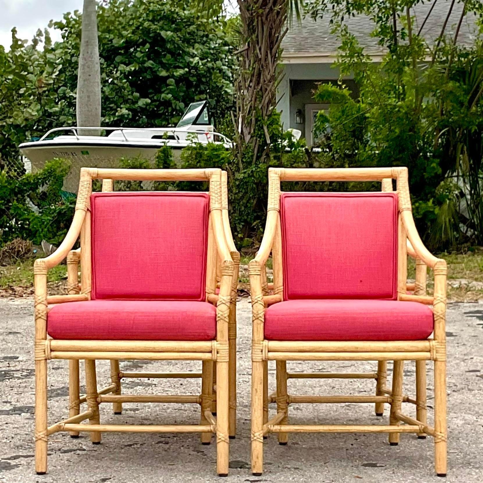 20th Century Vintage Coastal McGuire Target Back Rattan Dining Chairs - Set of 4 For Sale