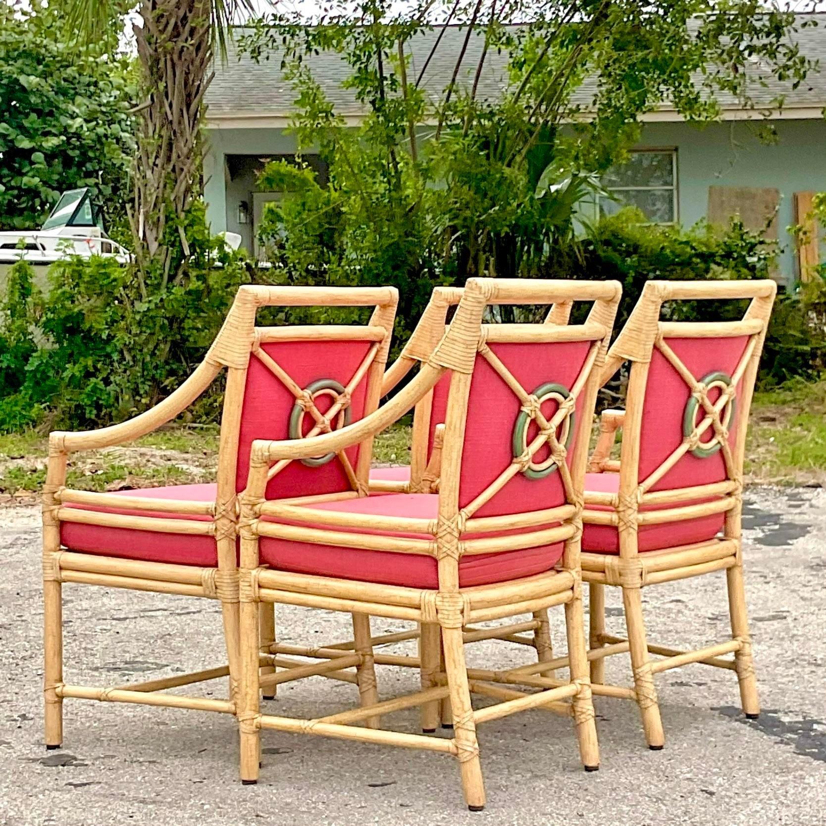 Vintage Coastal McGuire Target Back Rattan Dining Chairs - Set of 4 For Sale 1
