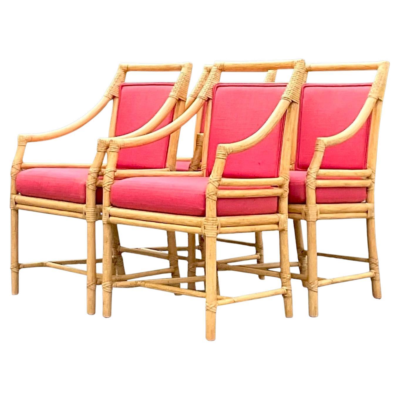 Vintage-Esszimmerstühle aus Rattan mit Untersetzerrückenlehne von McGuire – 4er-Set im Angebot