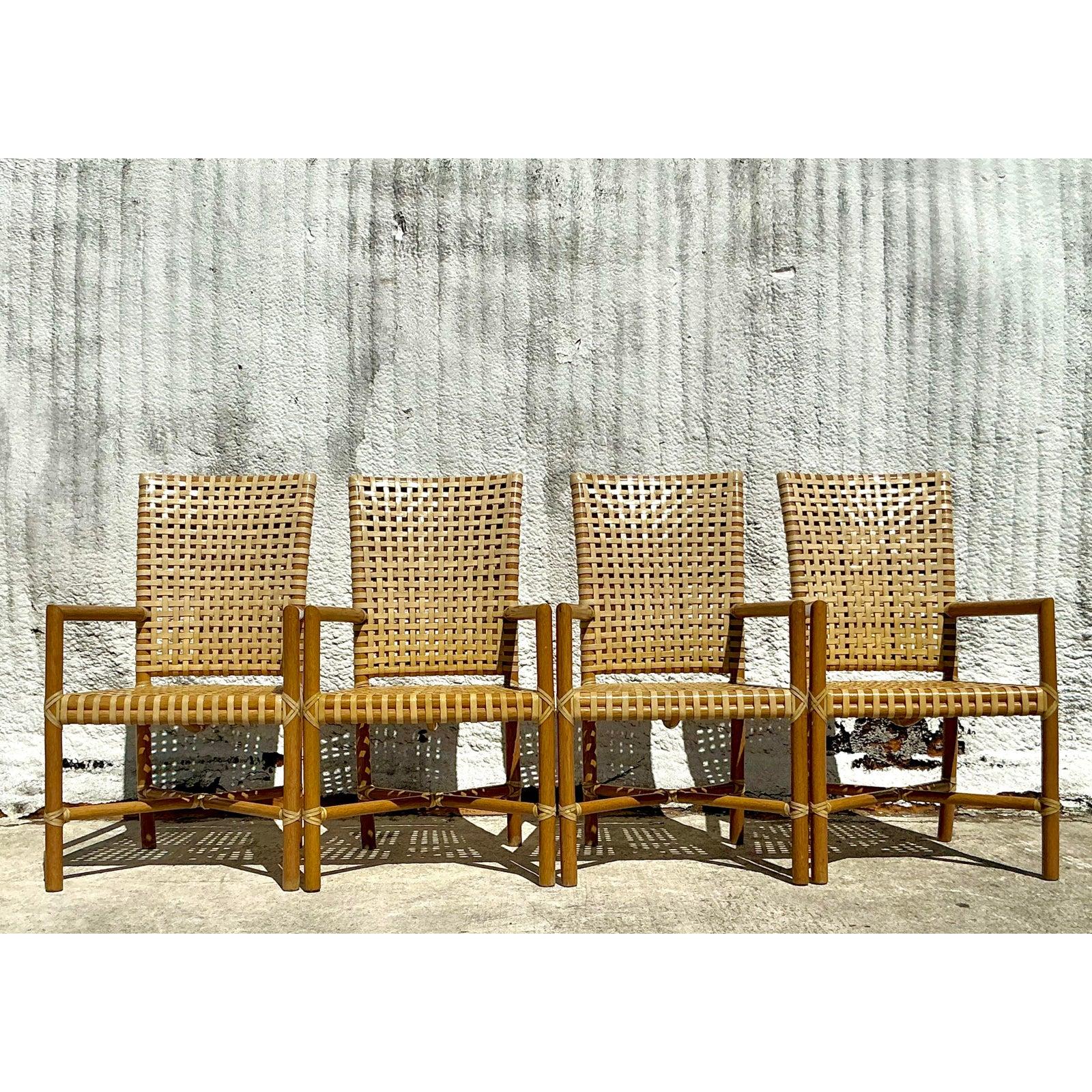 Sedie da pranzo vintage in pelle di vitello intrecciata McGuire - Set di 4 in vendita 4