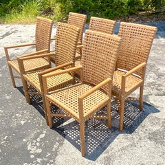 Vintage Coastal McGuire Woven Rawhide Dining Chairs, Set of 6