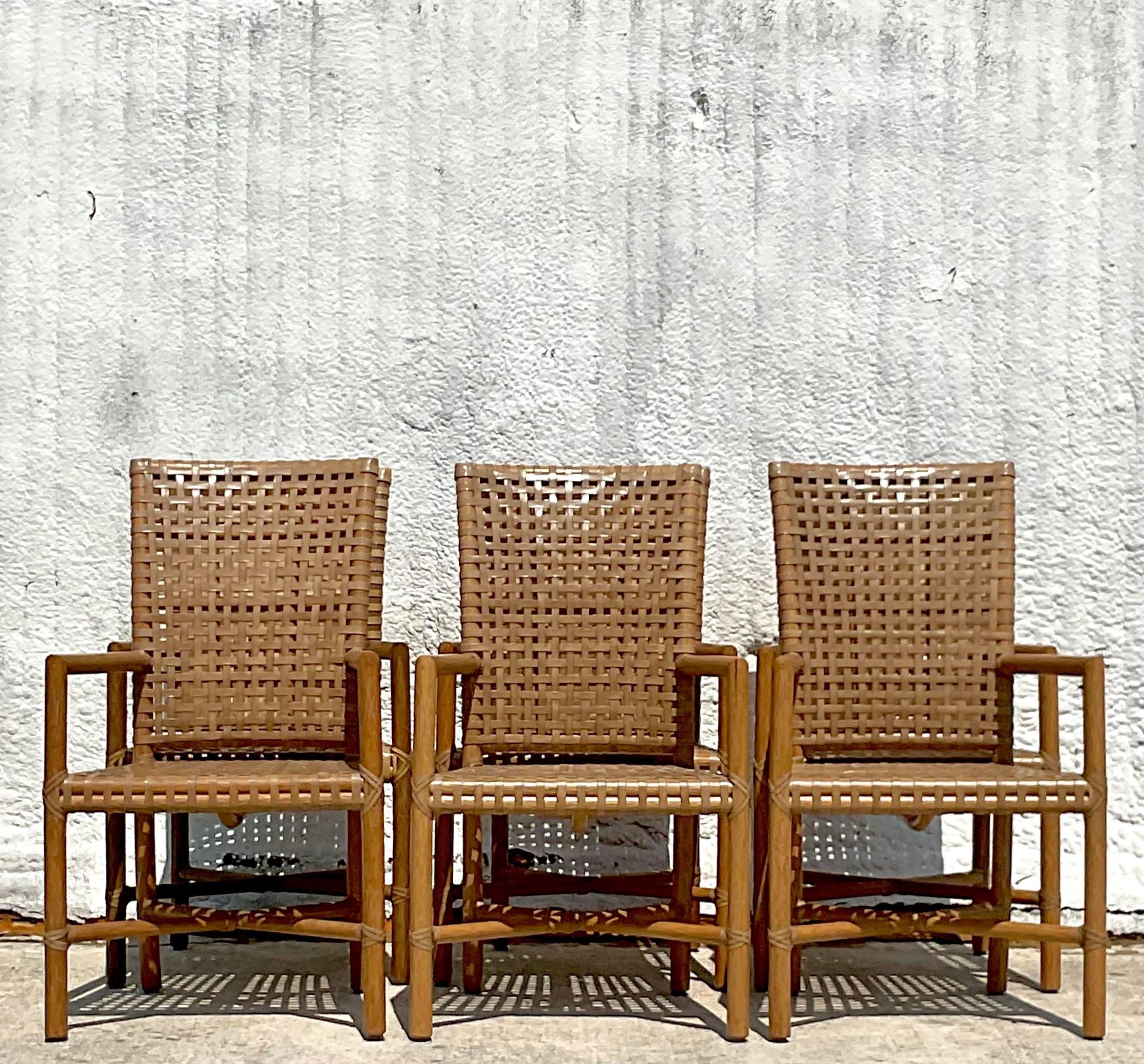 Philippine Vintage Coastal McGuire Woven Rawhide Dining Chairs, Set of 6