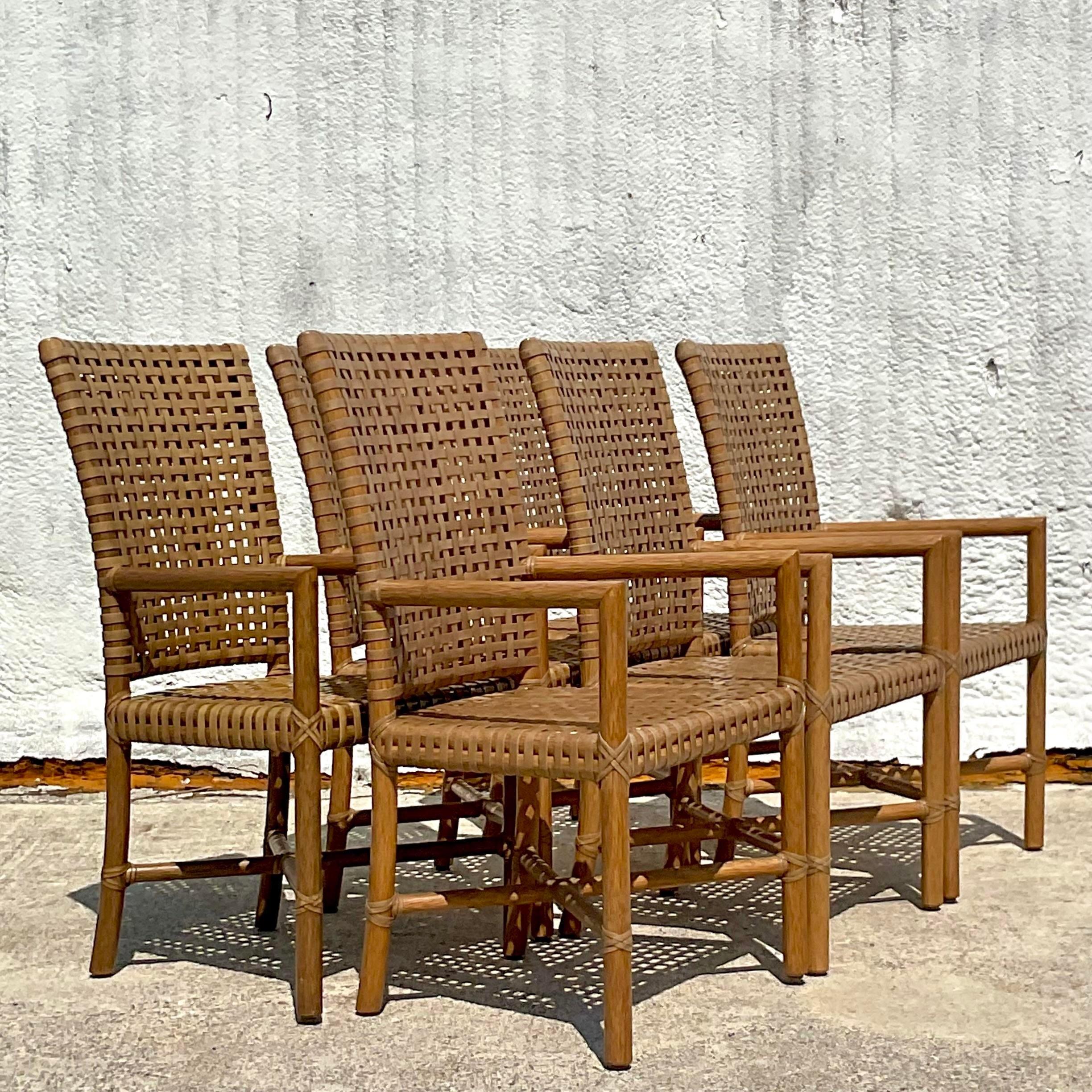 Vintage Coastal McGuire Woven Rawhide Dining Chairs, Set of 6 In Good Condition In west palm beach, FL
