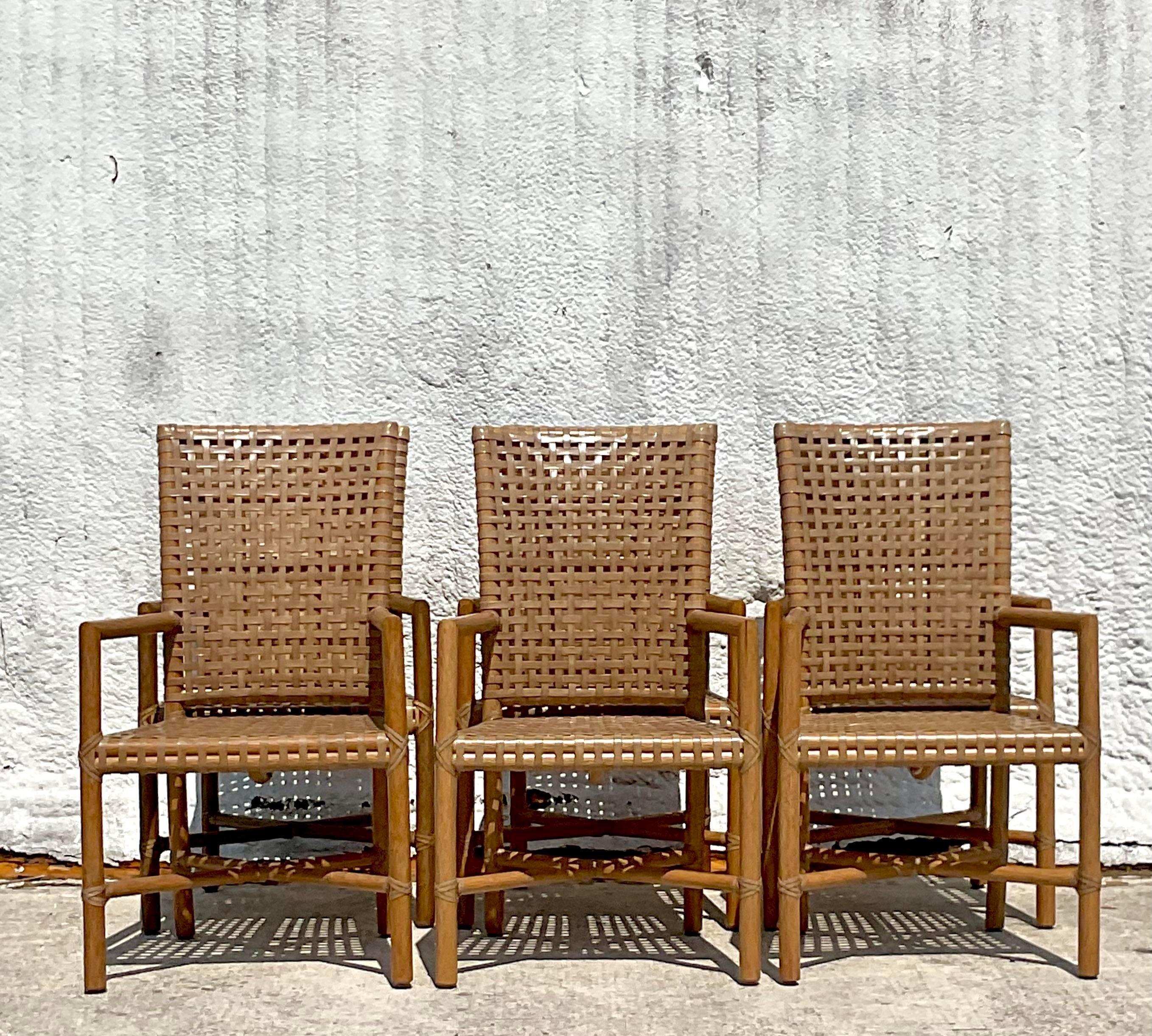 Leather Vintage Coastal McGuire Woven Rawhide Dining Chairs, Set of 6