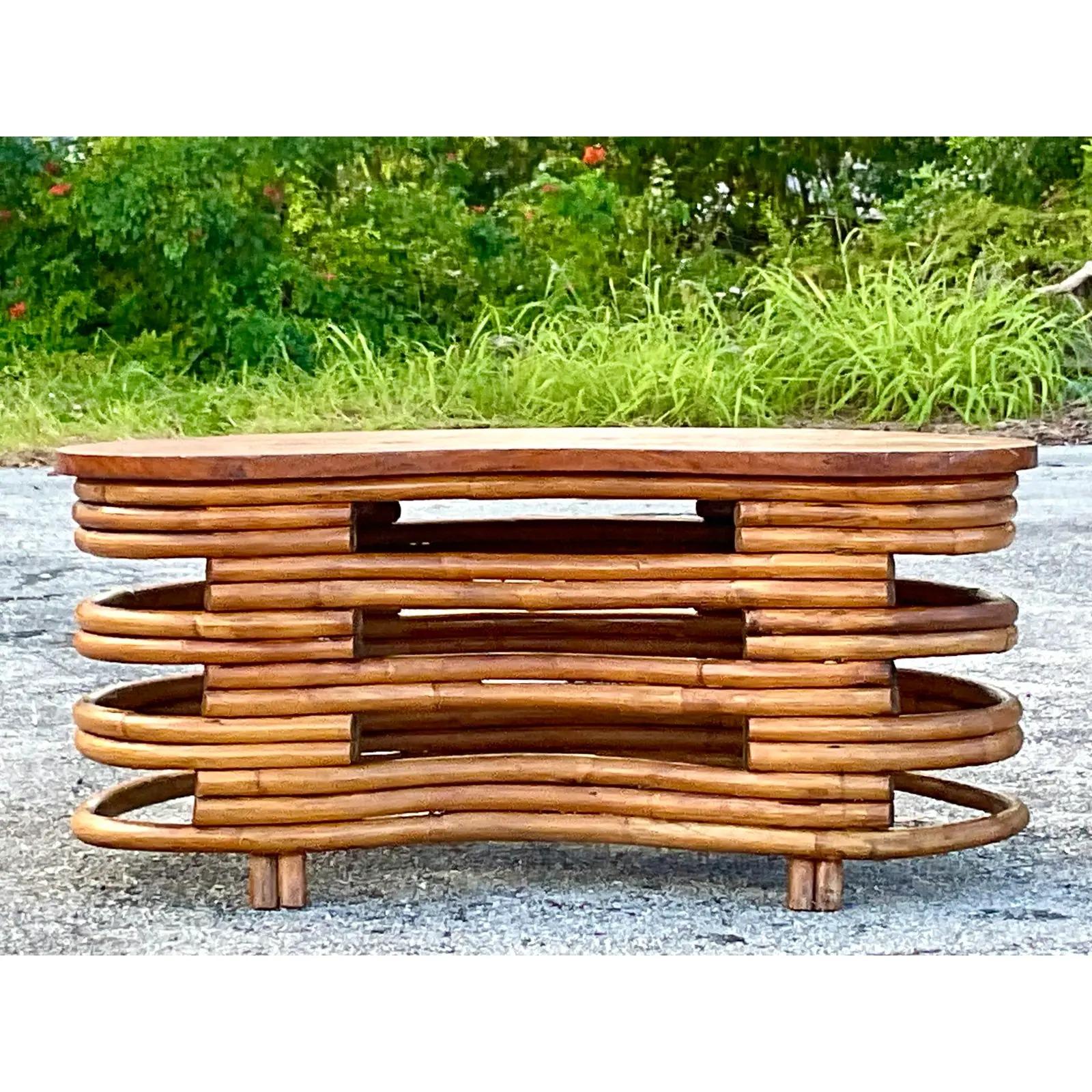 Philippine Vintage Coastal MCM Kidney Bean Rattan Coffee Table After Frankl For Sale